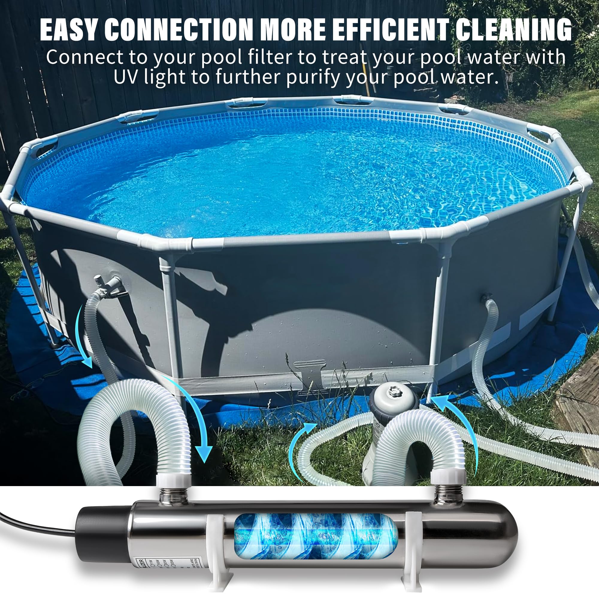 12W Stainless Steel Inline UV Light Clarifier for 500 Gallon Koi Pond Aquarium Algae Control Cold Plunge UV Light Stainless Steel Ultraviolet Green Killing Machine Algae Remover
