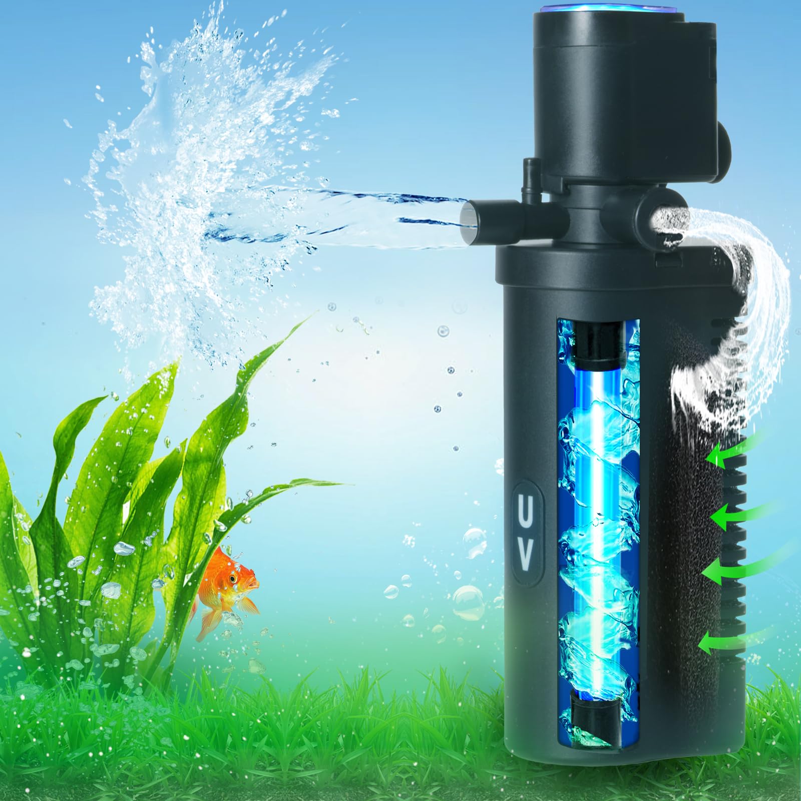 158GPH Small Aquarium Filter, UV Sterilizer for Aquarium for 10-45 Gallon Tank, Internal Pump for Turtle Betta Fish Tank Filter, Silent 4-in-1 Green Killing Machine with Fish Tank Filtes Deodorization