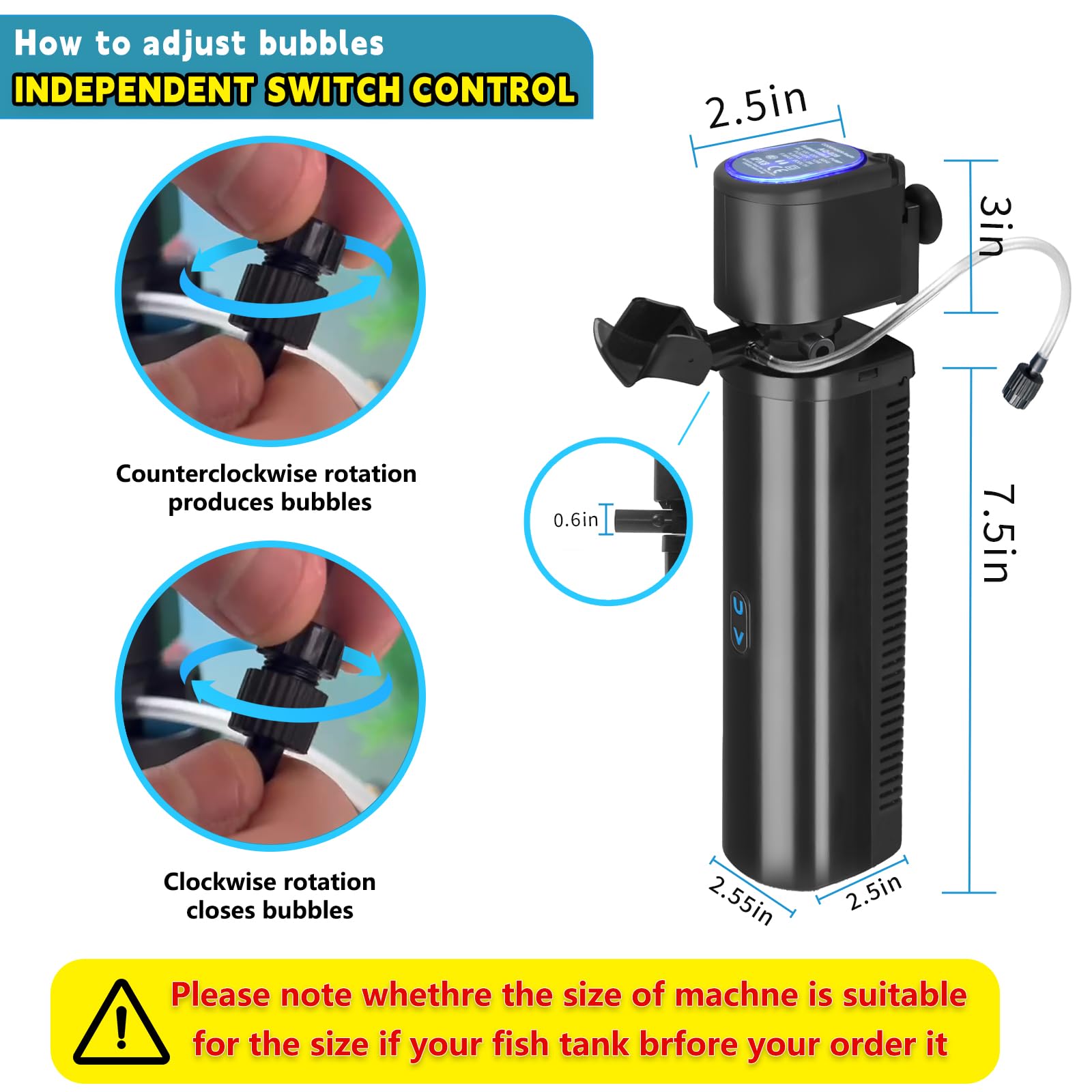 200GPH Aquarium Filter, U-V for Aquarium for 20-75 Gal Tank, Submersible Pump Filter for Green Water and Algae Clean, Ultra-Silent Green Killing Machine with Fish Tank Deodorization