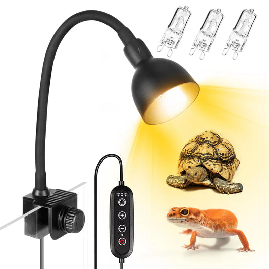 COOSPIDER Reptile Heat Lamp Reptile Light with 2 Spare 50W G9 Base Heat Bulb Dimmable Timer 360° Rotatable Hose Basking Heating Fixture for Turtle Bearded Dragon Lizard