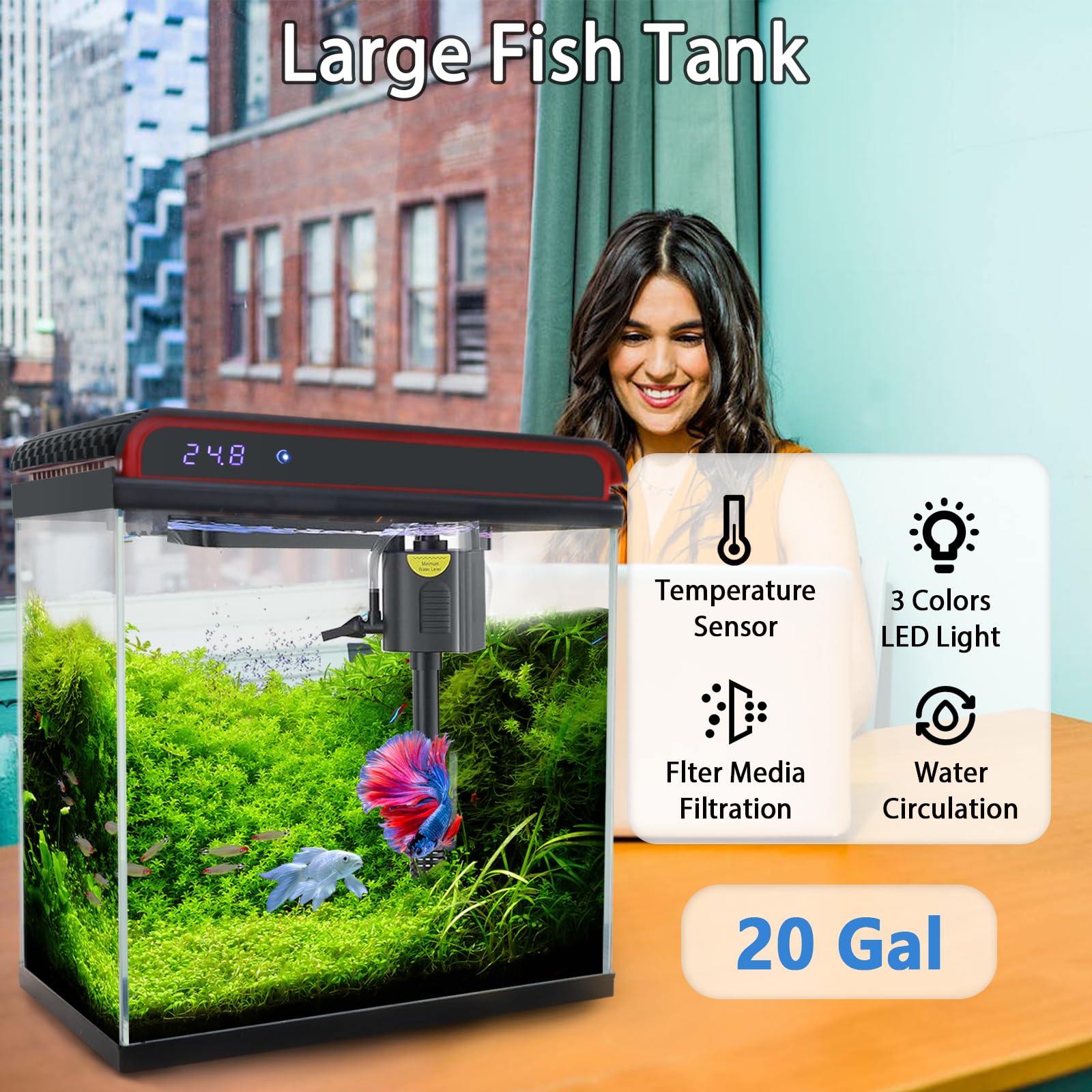 20 Gallon Fish Tank, Large Smart Aquarium with Self-Cleaning Pump 3 Color Lights Water Temperature Detection System, Smart Fish Tank for Betta Shrimp Guppy Goldfish Beta, Home Decor Gift with Tank