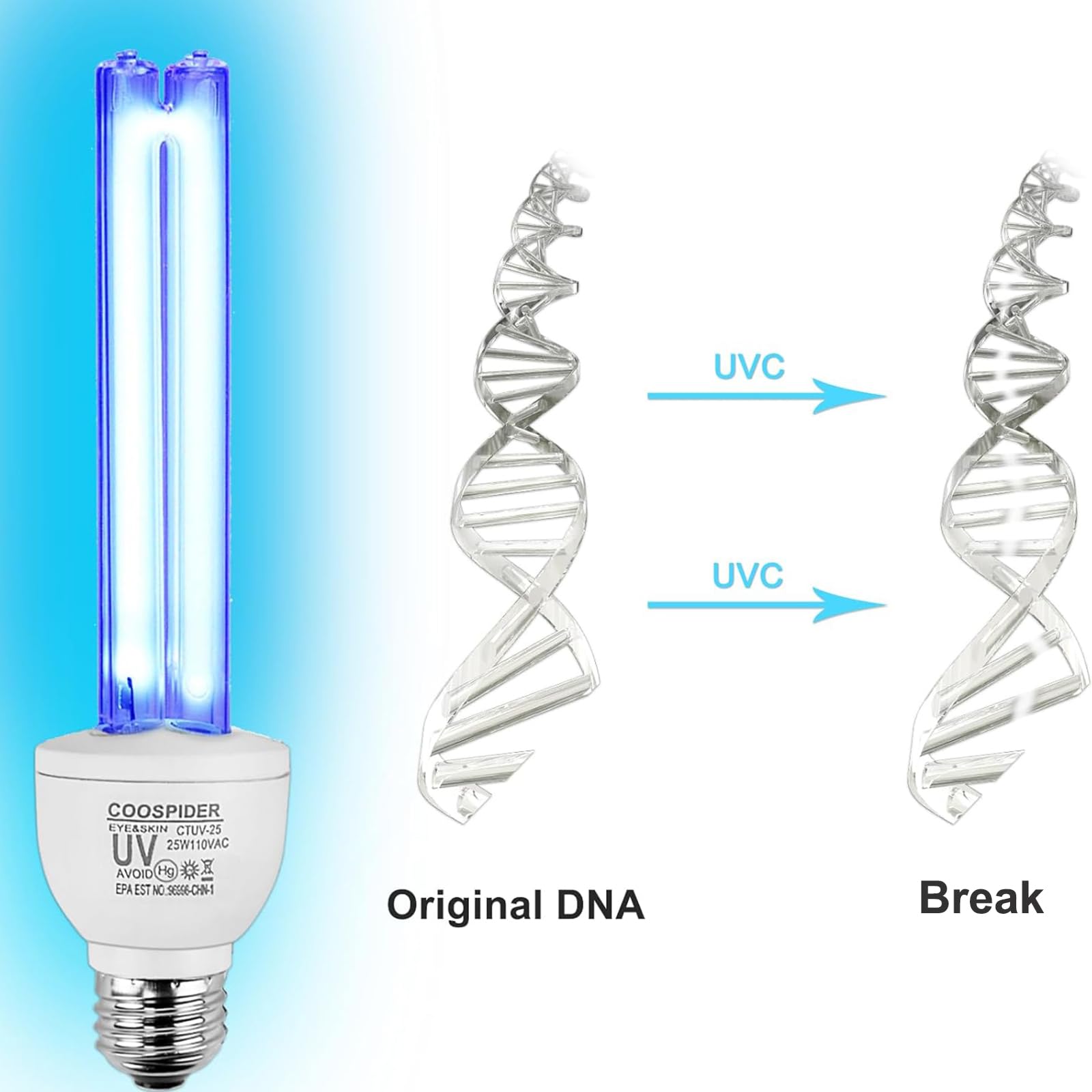 25 Watts UVC Light Bulb Ozone Free, UV Light for Bedroom / Bathroom / Closet / Kitchen, 253.7nm Wavelength Covers up to 400sq.ft, E26 110V CTUV-25