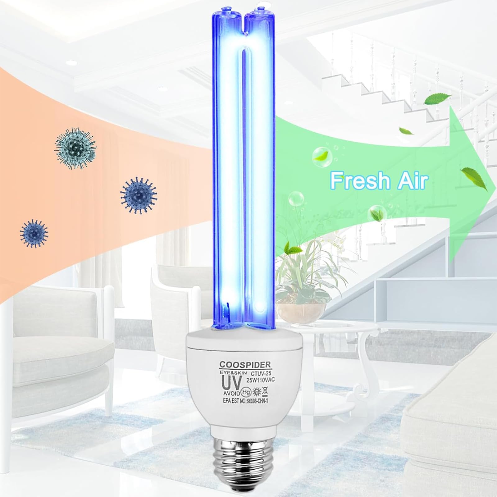 25 Watts UVC Light Bulb Ozone Free, UV Light for Bedroom / Bathroom / Closet / Kitchen, 253.7nm Wavelength Covers up to 400sq.ft, E26 110V CTUV-25 - Coospider