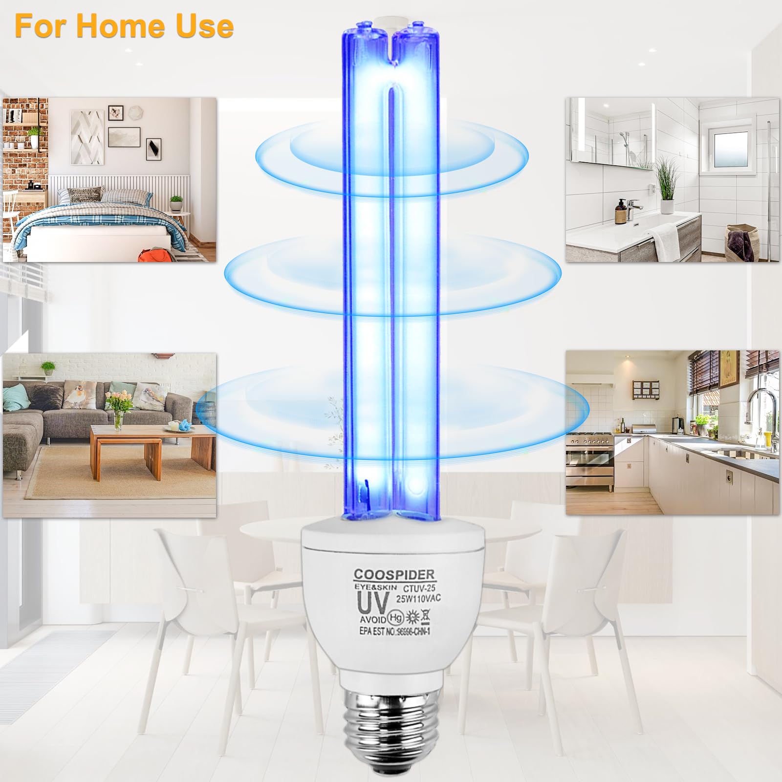 25 Watts UVC Sanitizer Lamp with Ozone UVC Light Bulb with Base and 3-Gear Timer 185nm Wavelength UV Light for Bedroom / Closet / Kitchen / Bathroom E26 110V CTUV-25