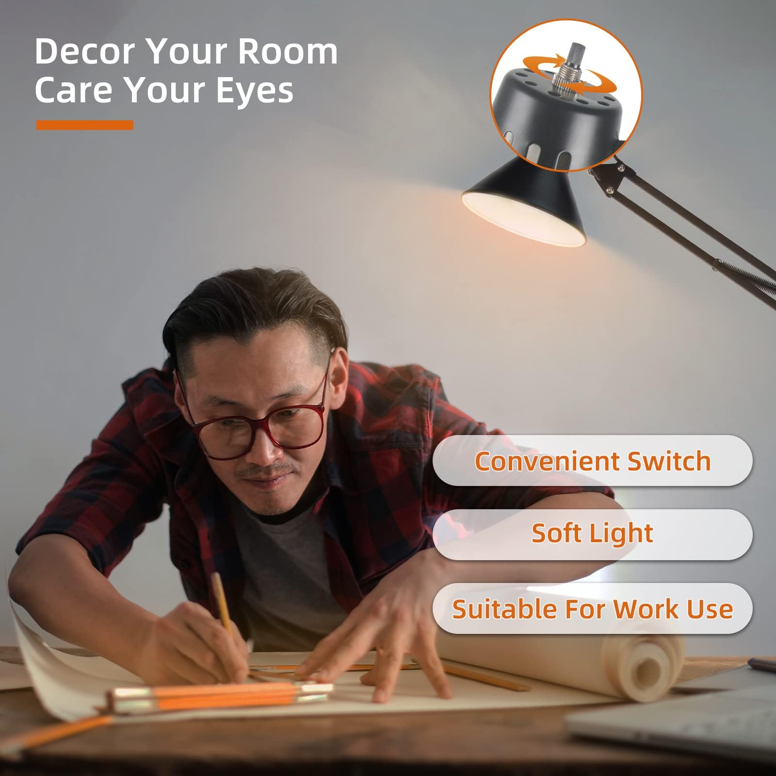 2 Pack Desk Lamp wA19 E26 LED Bulb for Home Office Eye-Caring Metal Extra Tall Swing Arm High Intensity Clamp Flexible Gooseneck Side Table Working Reading Computer Workbench 3000K+ 5000K Light