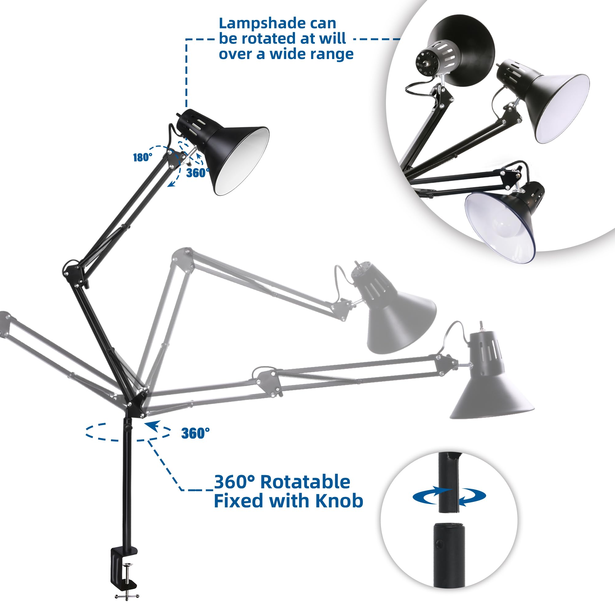 2 Pack Desk Lamp wA19 E26 LED Bulb for Home Office Eye-Caring Metal Extra Tall Swing Arm High Intensity Clamp Flexible Gooseneck Side Table Working Reading Computer Workbench 5000K White Light