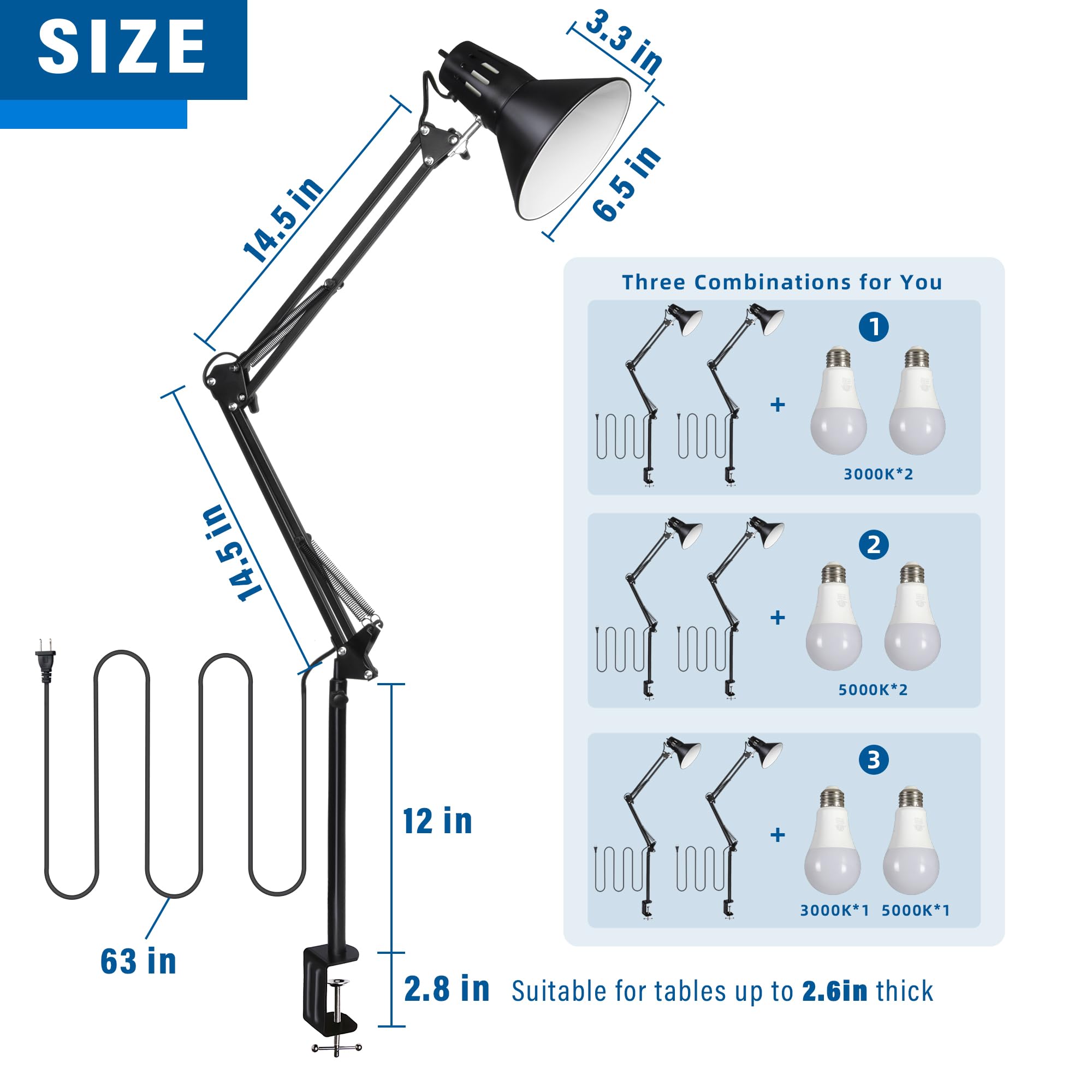 2 Pack Desk Lamp wA19 E26 LED Bulb for Home Office Eye-Caring Metal Extra Tall Swing Arm High Intensity Clamp Flexible Gooseneck Side Table Working Reading Computer Workbench 5000K White Light