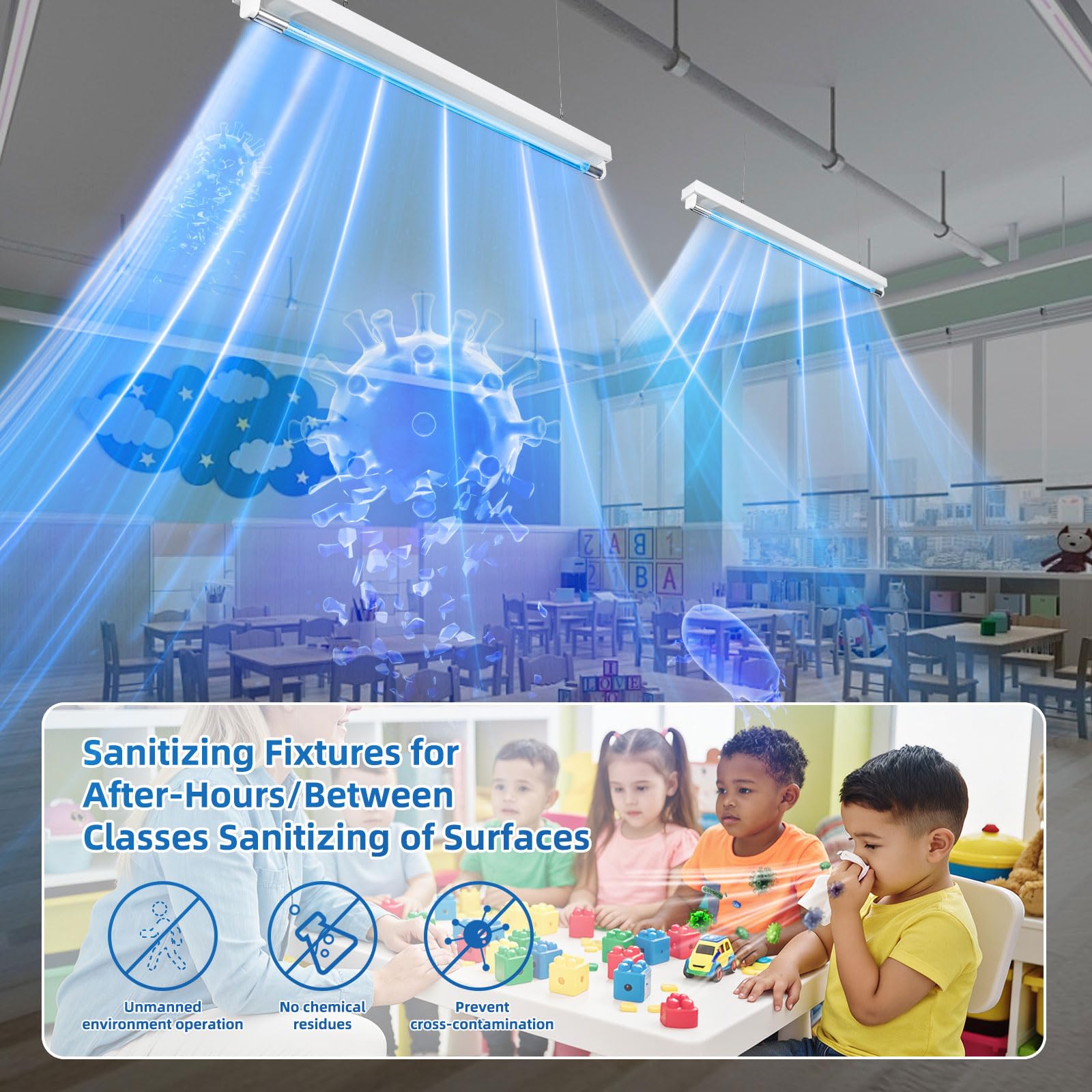 30W UV Sanitizer Light, Powerful UVC Lamp with Steel Suspension Wires, UV Sanitiztion Linear Light for Large Spaces-School, Factory, Hospital, Ozone-Free UVC Linear Batten 253.7nm, T8 G13 35.43 in