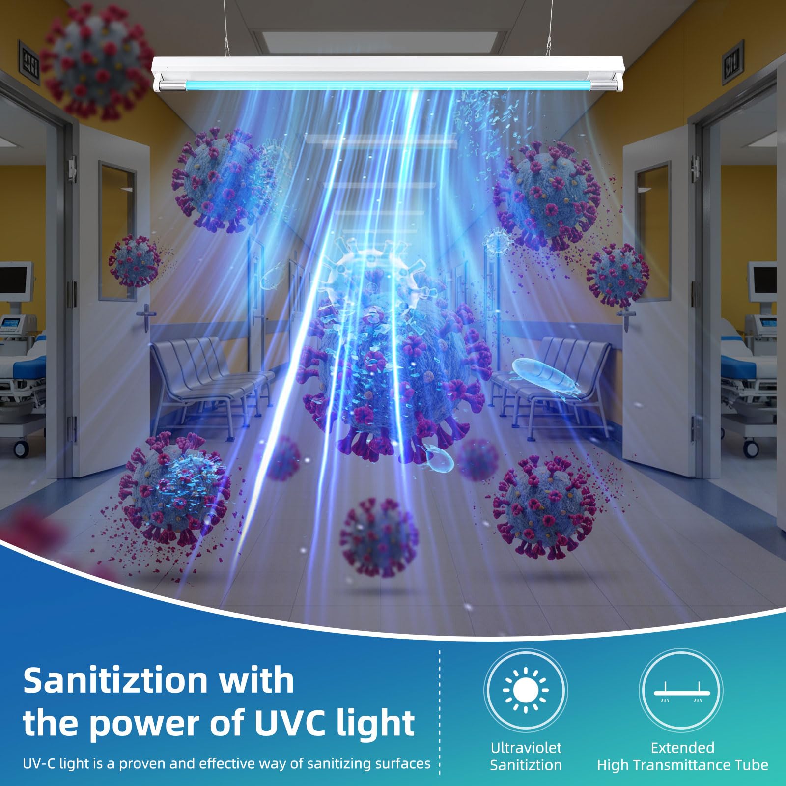 30W UV Sanitizer Light, Powerful UVC Lamp with Steel Suspension Wires, UV Sanitiztion Linear Light for Large Spaces-School, Factory, Hospital, Ozone-Free UVC Linear Batten 253.7nm, T8 G13 35.43 in
