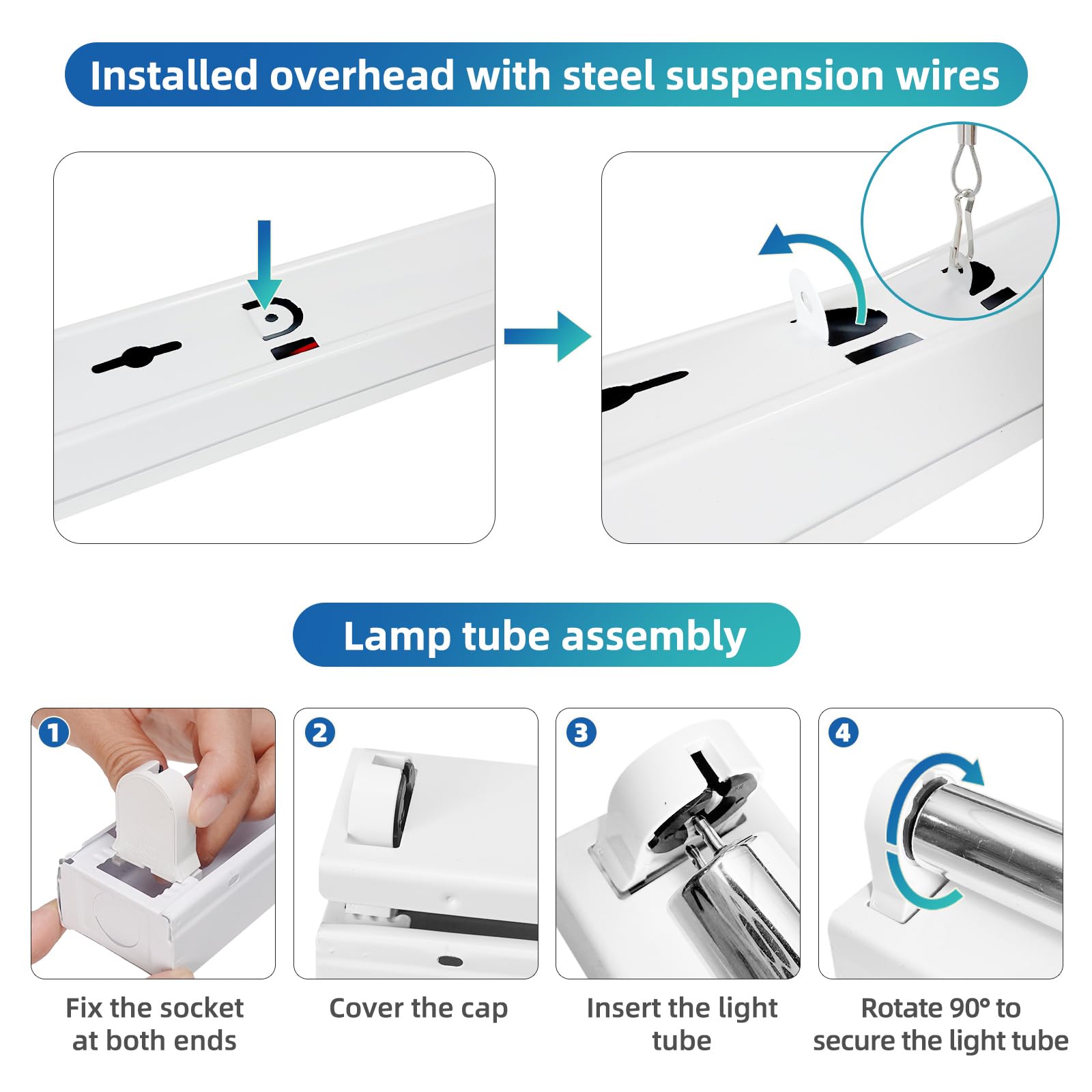 30W UV Sanitizer Light, Powerful UVC Lamp with Steel Suspension Wires, UV Sanitiztion Linear Light for Large Spaces-School, Factory, Hospital, Ozone-Free UVC Linear Batten 253.7nm, T8 G13 35.43 in