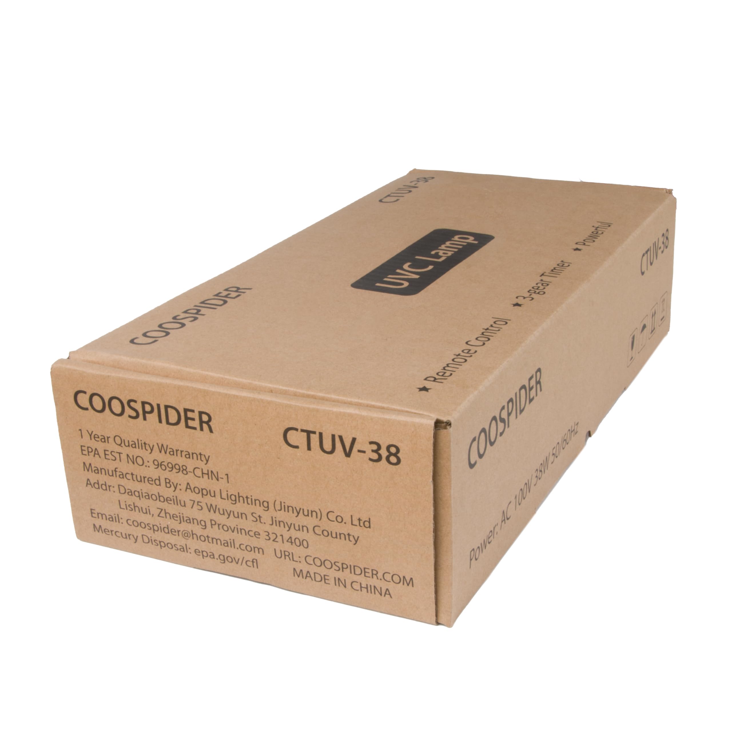 38 Watts Ozone Free UVC Lamp wRemote Control 253.7nm wavelength UVC Light for Home Office School, 3-Gear Timer 153060 Minutes 110V CTUV-38