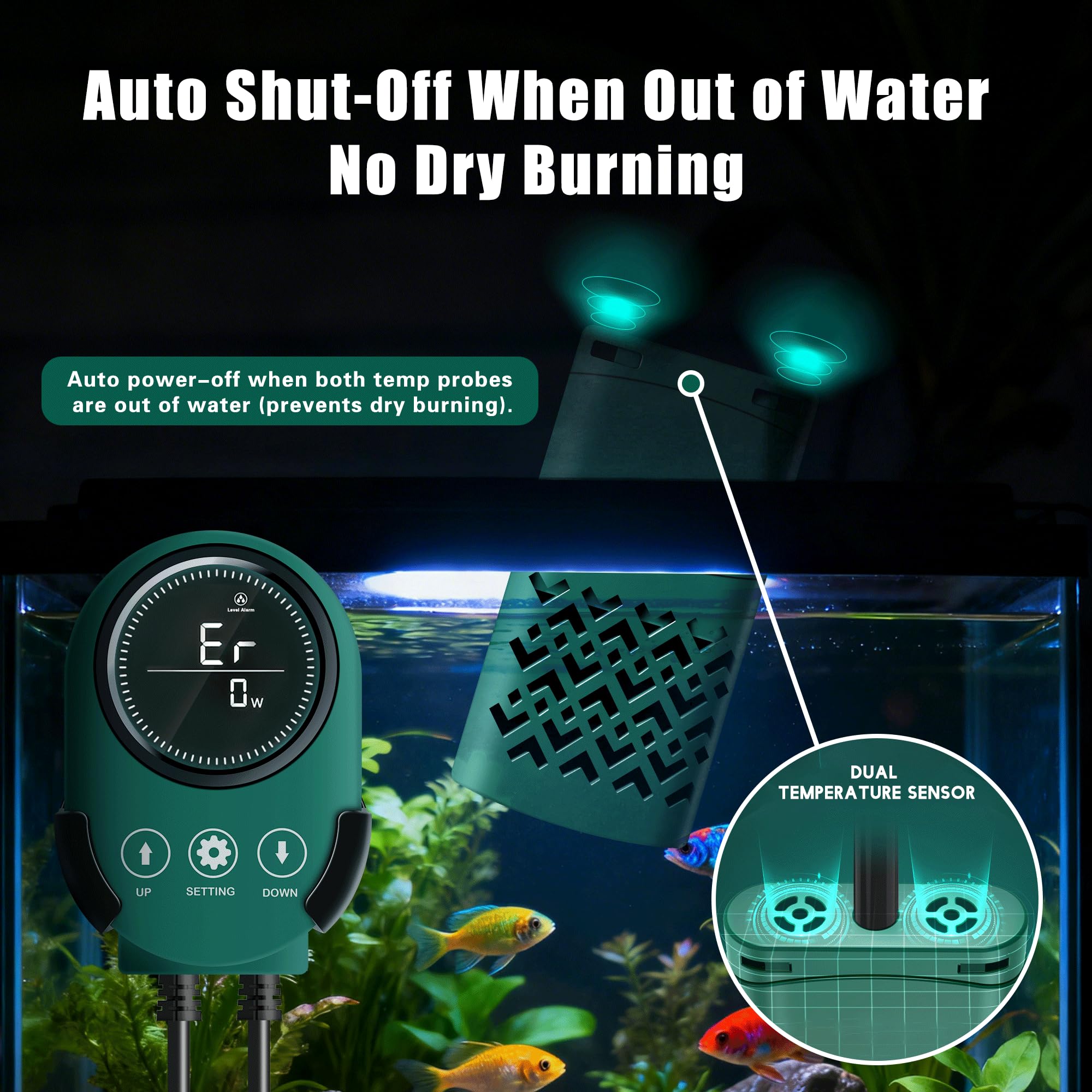 500W Smart Aquarium Heater Submersible with Variable-Frequency Energy Savings, Dual Probes for Leaving Water Automatically Stop, PTC Tech for Overheat Protection, Adjustable for Freshwater, Saltwater