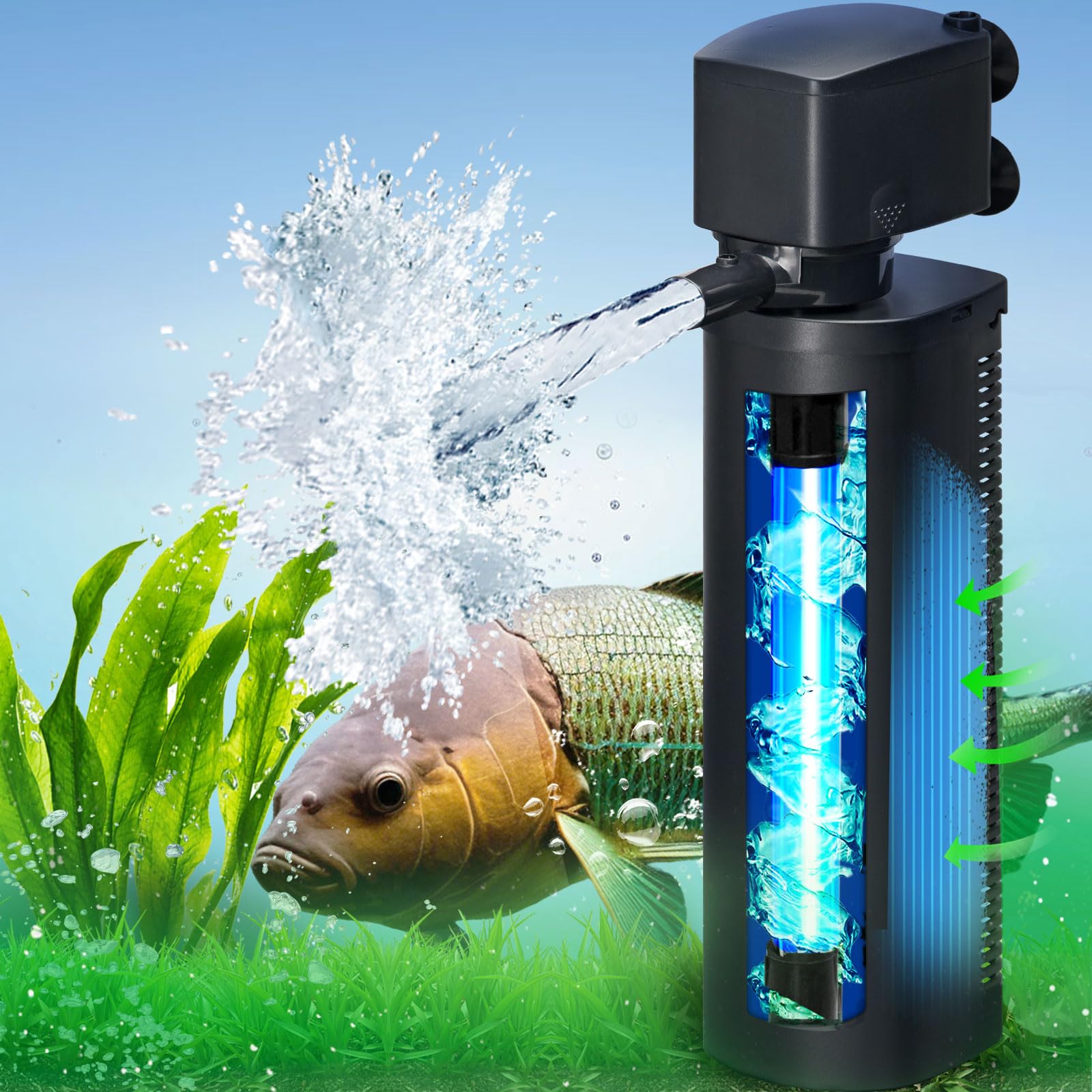 660GPH Aquarium Filter, UV Sterilizer for Aquarium for 100-400 Gallon, 24V  DC Powerful Pump for Large Fish Koi Pond Cold Plunge Filter, Green Killing  ..., image size:1600x1600