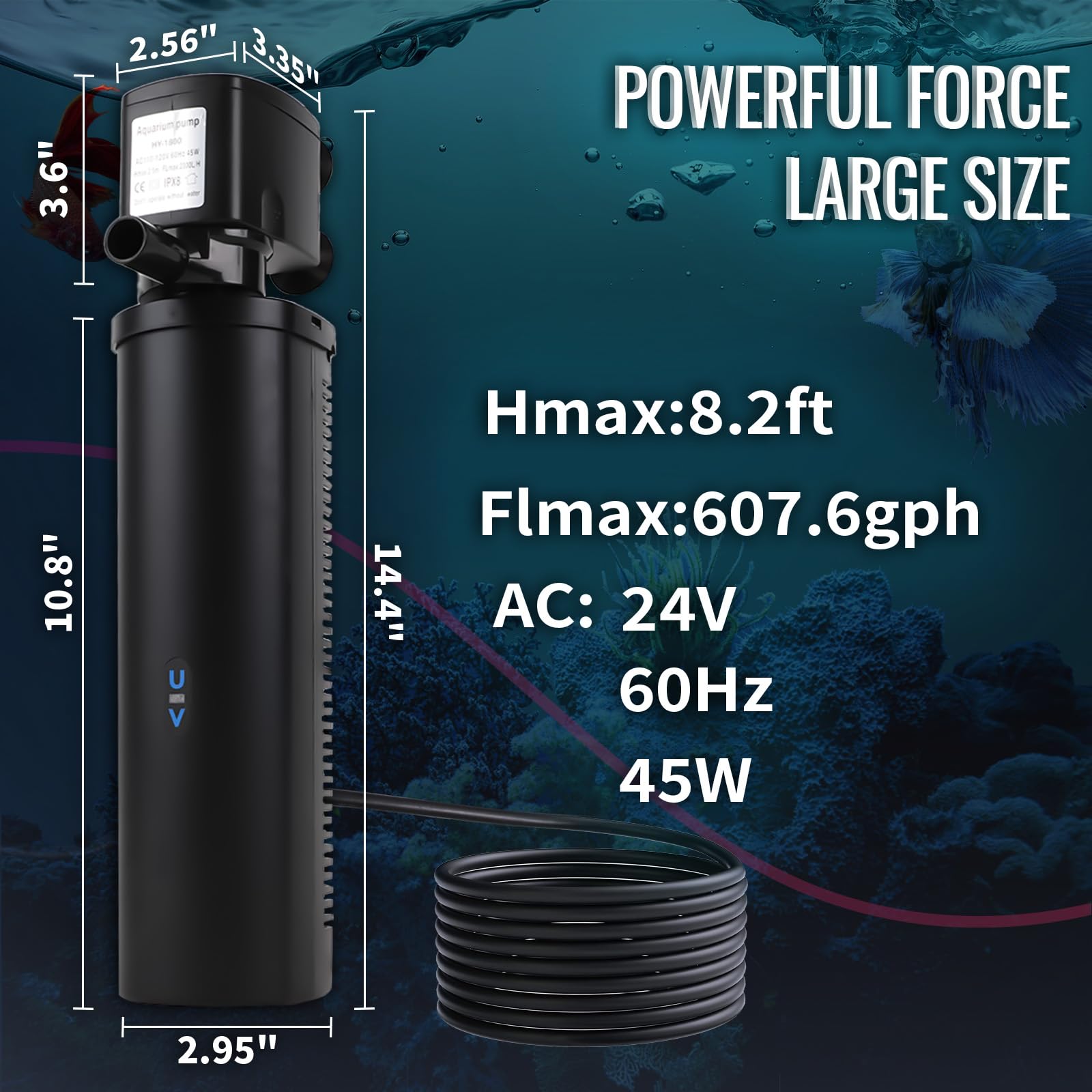 660GPH Aquarium Filter, UV Sterilizer for Aquarium for 100-400 Gallon, 24V DC Powerful Pump for Large Fish Koi Pond Cold Plunge Filter, Green Killing Machine with Algae Remover for Fish Tank