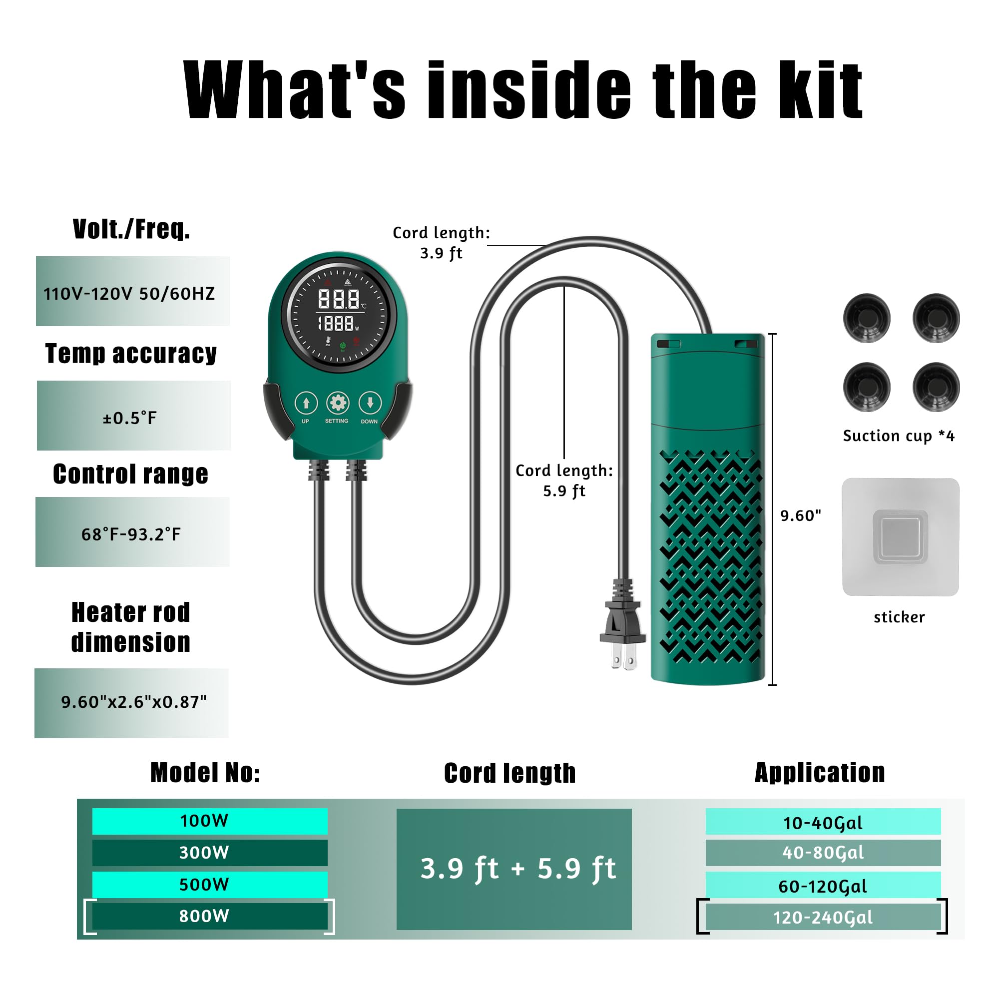 800W Smart Aquarium Heater Submersible with Variable-Frequency Energy Savings, Dual Probes for Leaving Water Automatically Stop, PTC Tech for Overheat Protection, Adjustable for Freshwater, Saltwater - Coospider