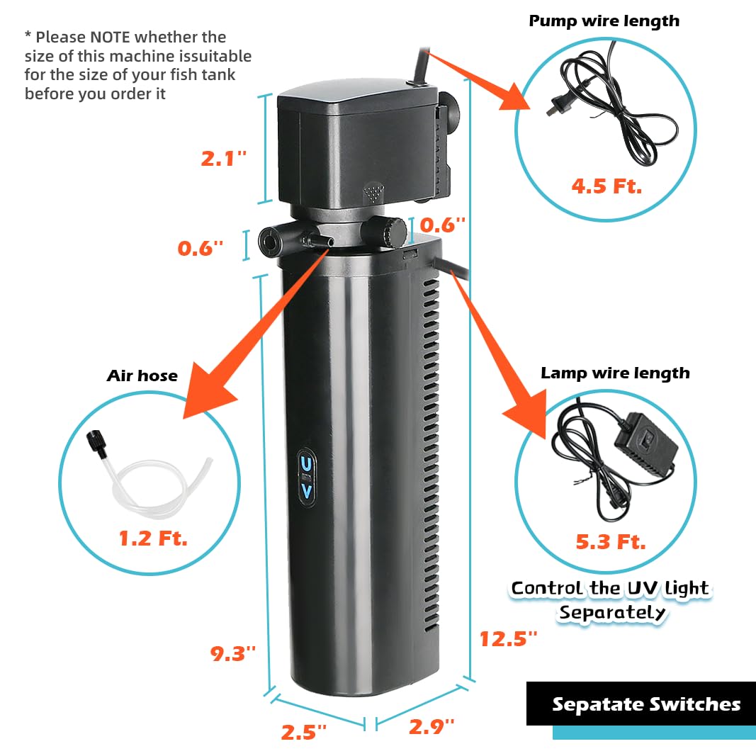 Aquarium Filter for 75-200 Gallon Tank, U-V Fish Tank Green Clean Machine Submersible Powerful Pump Canister Filter 300GPH for Pond Turtle Tank Saltwater Freshwater Crystal Clear Green Killing