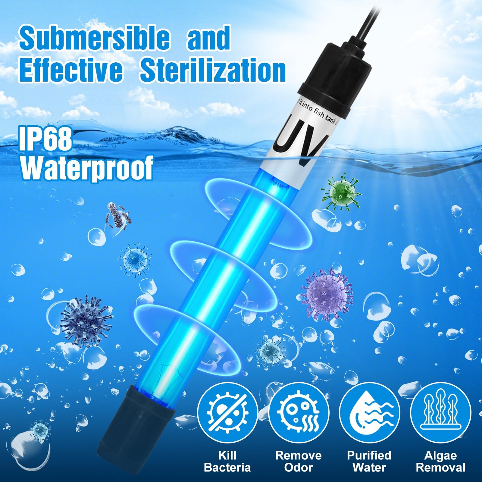 Aquarium Light 9W for 75-200 Gallon CTUV-H10F P10F Replacement Bulb Submersible Clean Green Lamp for Cloudy Fish Tank Pond Pools Fountains Crystal Clear