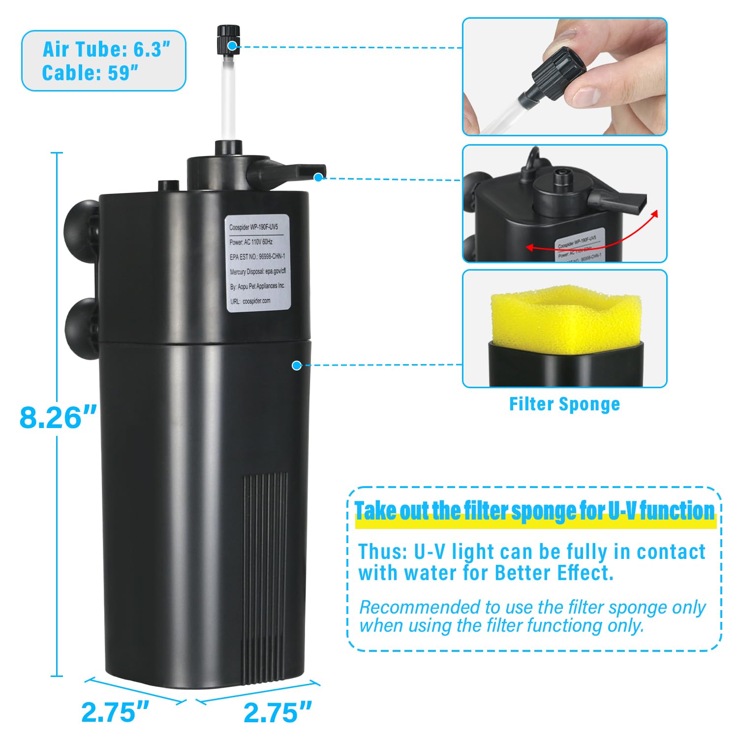 Aquarium UV Filter for 10-40 gal, 132 GPH Swirl Turbo Design Submersible Internal Turtle Fish Tank Filter w/Timer, Quiet Power Pump Air Supply Green Clean Machine Saltwater Freshwater Green Killing