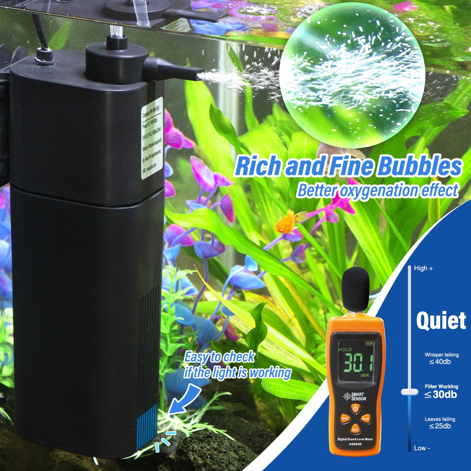 Aquarium UV Filter for 10-40 gal, 132 GPH Swirl Turbo Design Submersible Internal Turtle Fish Tank Filter w/Timer, Quiet Power Pump Air Supply Green Clean Machine Saltwater Freshwater Green Killing