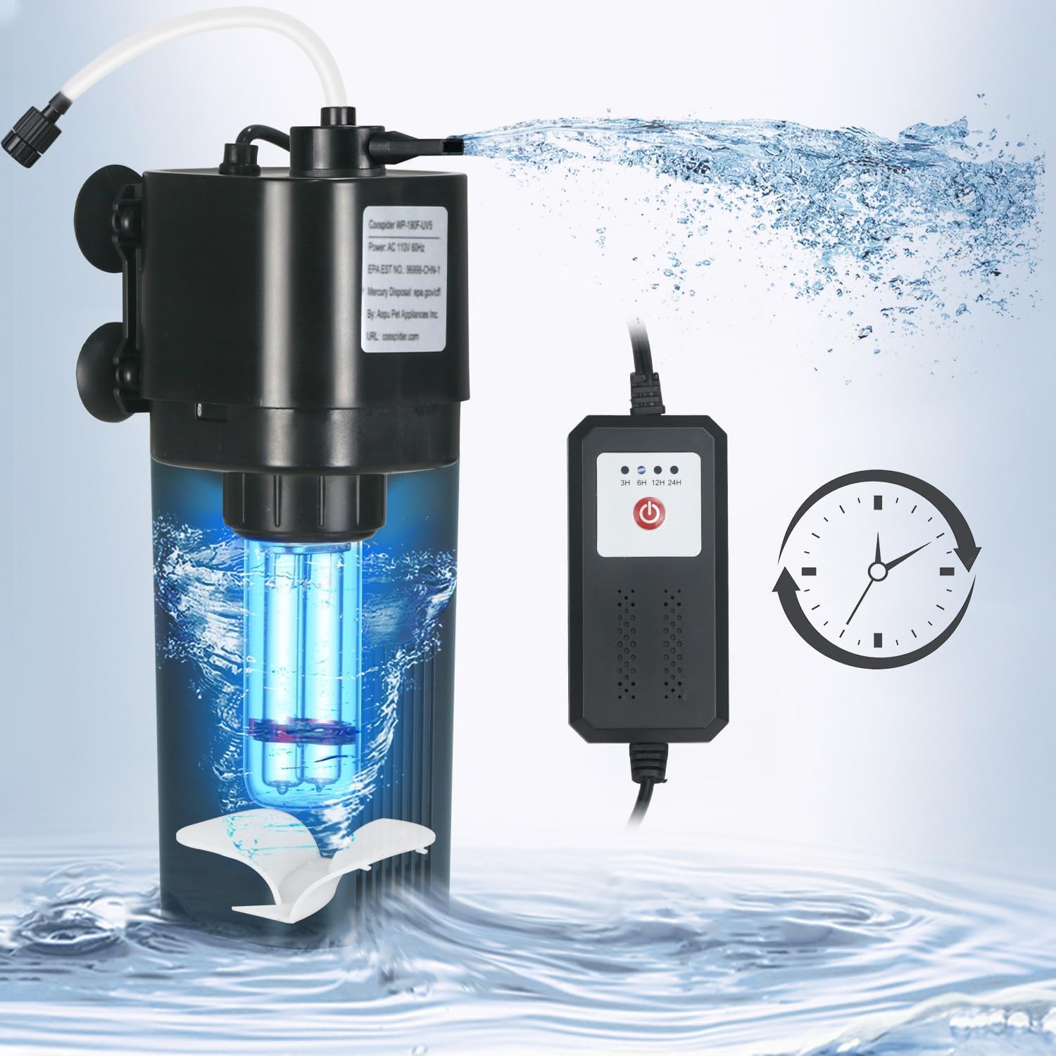 Aquarium UV Filter for 10-40 gal, 132 GPH Swirl Turbo Design Submersible Internal Turtle Fish Tank Filter w/Timer, Quiet Power Pump Air Supply Green Clean Machine Saltwater Freshwater Green Killing