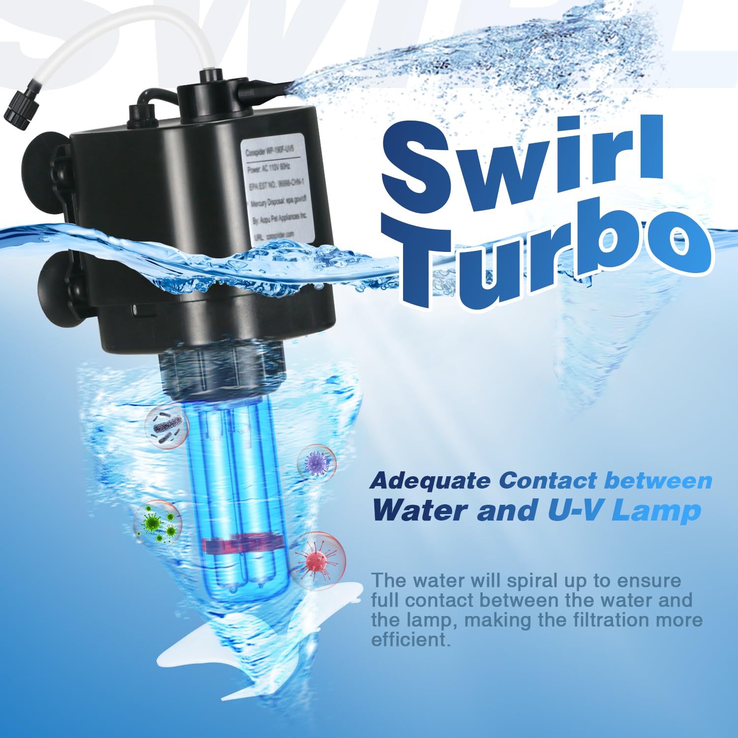Aquarium UV Filter for 10-40 gal, 132 GPH Swirl Turbo Design Submersible Internal Turtle Fish Tank Filter w/Timer, Quiet Power Pump Air Supply Green Clean Machine Saltwater Freshwater Green Killing