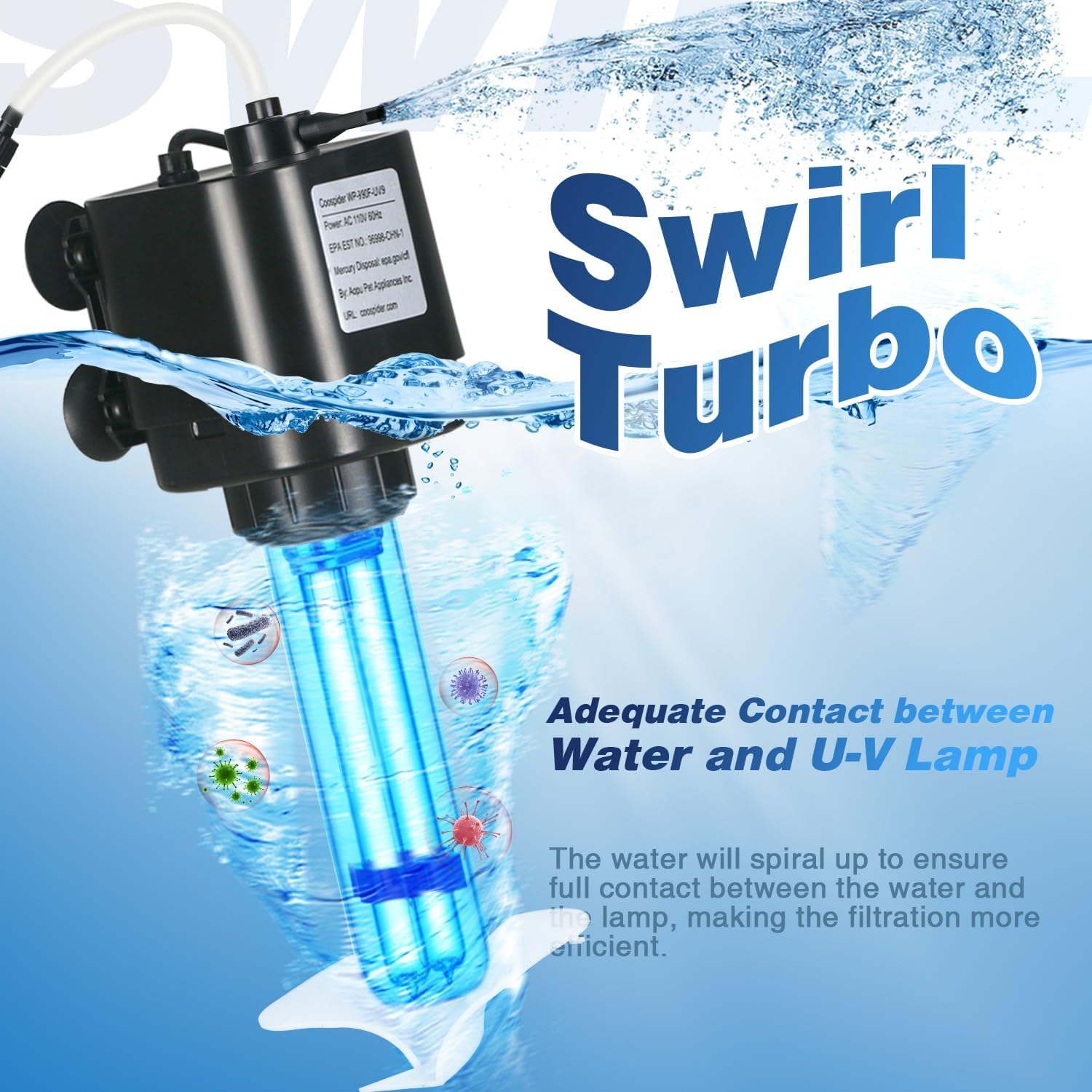 Aquarium UV Filter for 40-75 Gal, 211 GPH Swirl Turbo Design Submersible Internal Turtle Fish Tank Filter w/Timer, Quiet Power Pump Air Supply Green Clean Machine Saltwater Freshwater Green Killing