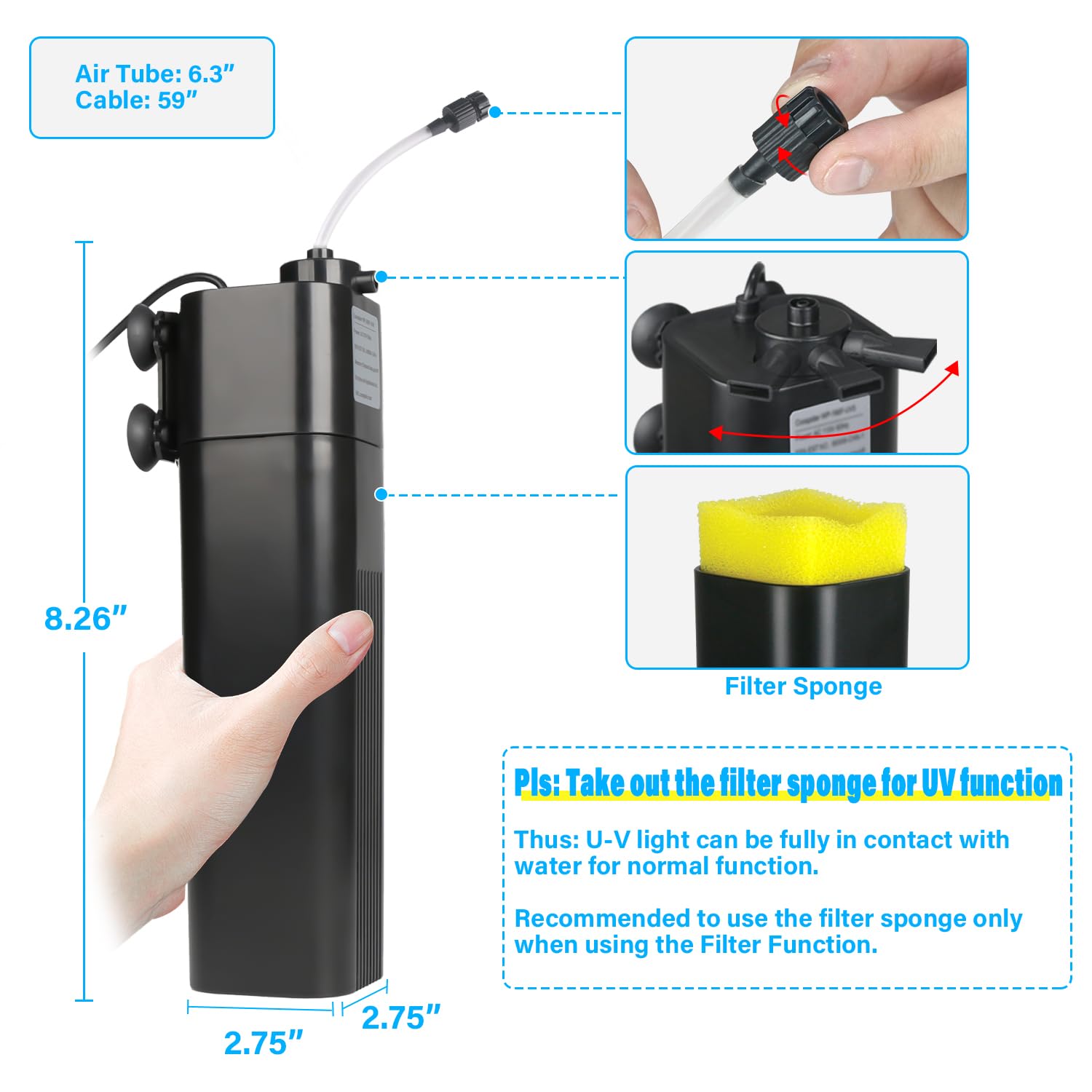 Aquarium UV Filter for 40-75 Gal, 211 GPH Swirl Turbo Design Submersible Internal Turtle Fish Tank Filter w/Timer, Quiet Power Pump Air Supply Green Clean Machine Saltwater Freshwater Green Killing