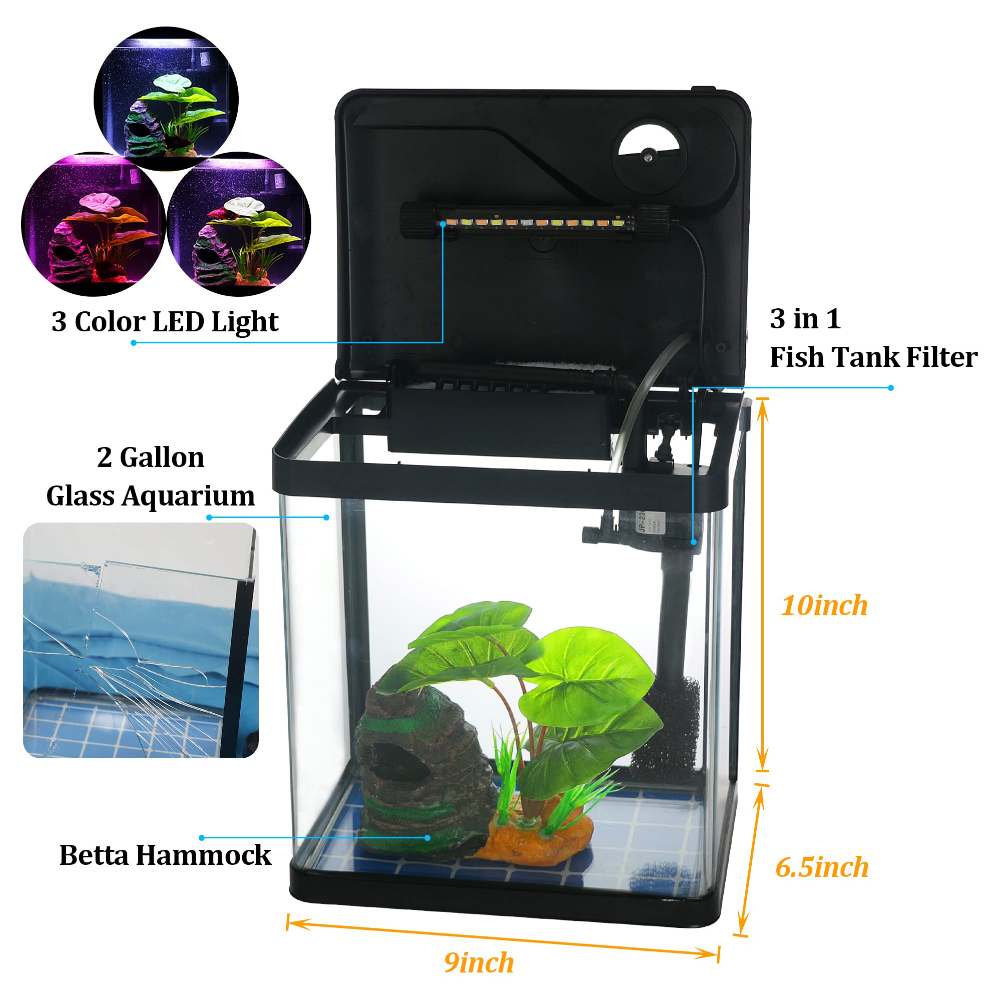 Betta Fish Tank Self Cleaning Glass 2 Gallon Small Nano Aquarium Starter Kits Desktop Room Decor wLED Light Decorations & Whisper Filters Water Pump (Fish Tank)