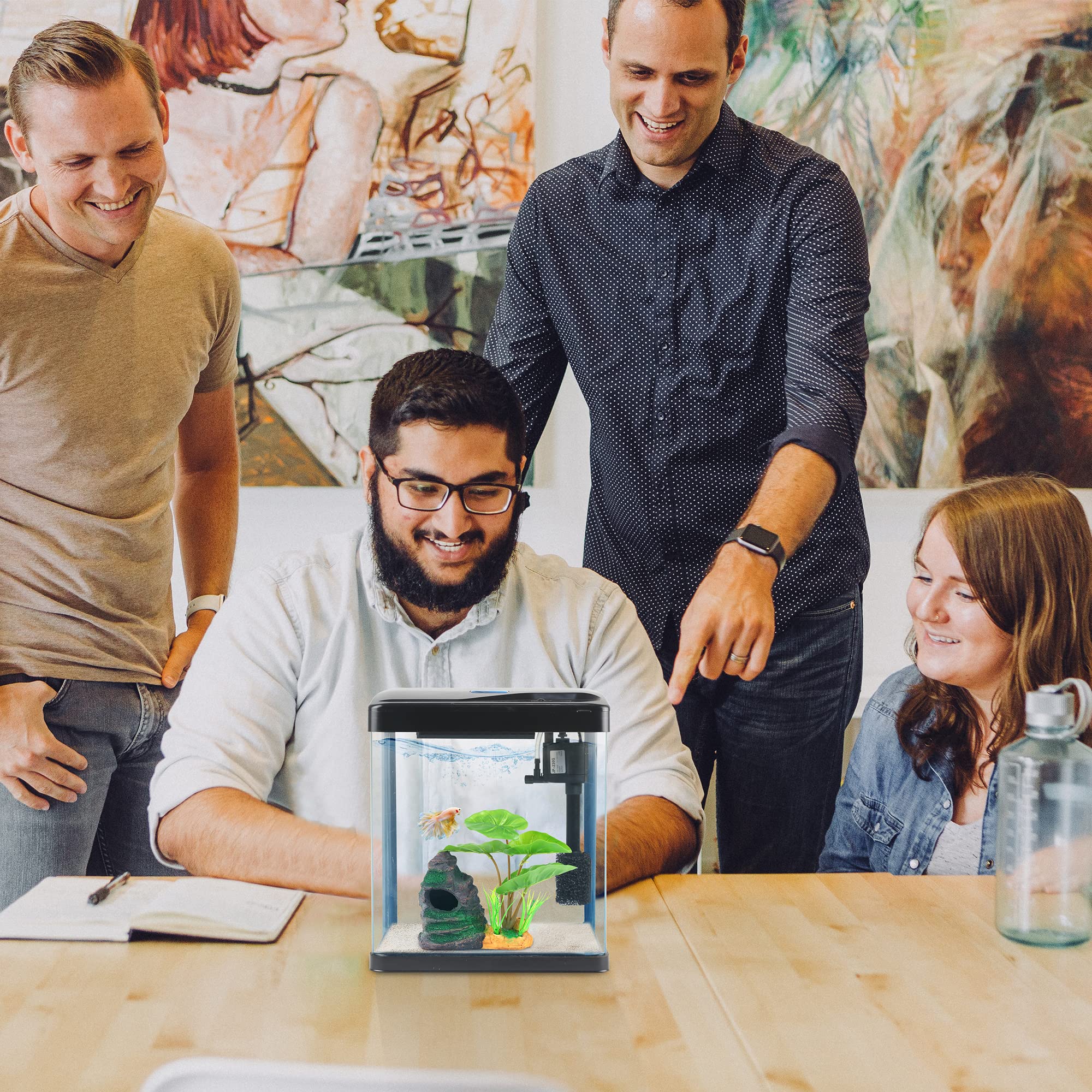 Betta Fish Tank Self Cleaning Glass 2 Gallon Small Nano Aquarium Starter Kits Desktop Room Decor wLED Light Decorations & Whisper Filters Water Pump (Fish Tank)