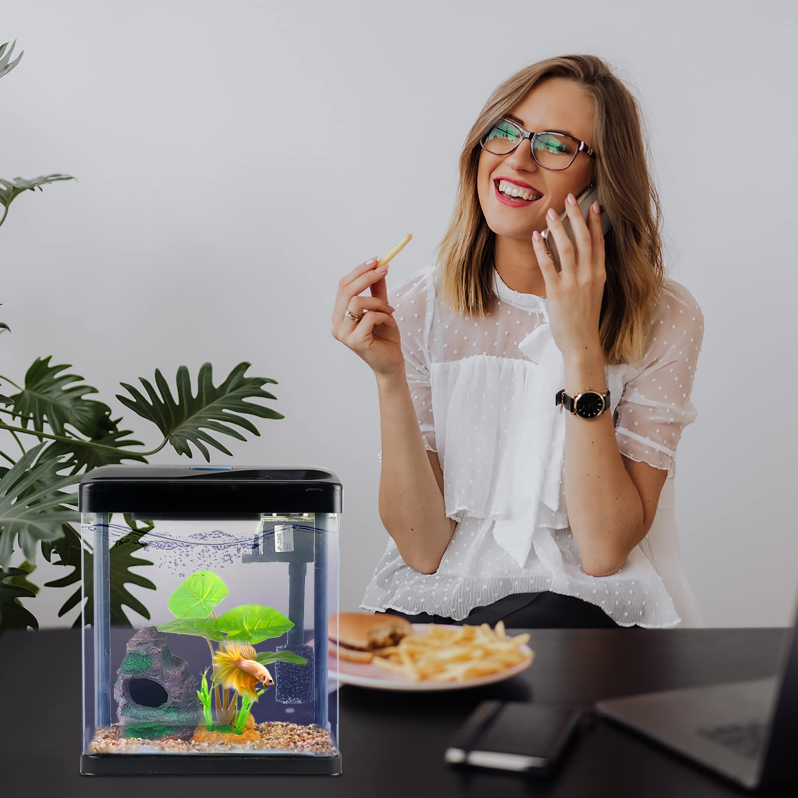 Betta Fish Tank Self Cleaning Glass 2 Gallon Small Nano Aquarium Starter Kits Desktop Room Decor wLED Light Decorations & Whisper Filters Water Pump (Fish Tank)