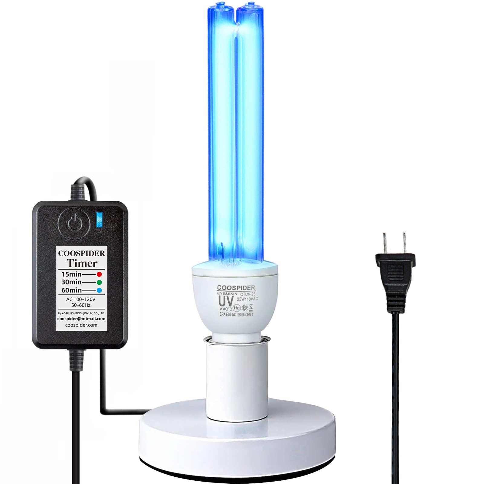COOSPIDER Ozone Free UV 25W E26 110V Germicidal Light with UVC Bulb Timer Base