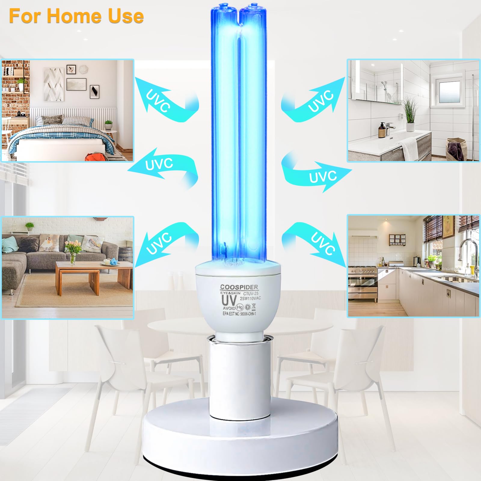 COOSPIDER Ozone Free UV 25W E26 110V Germicidal Light with UVC Bulb Timer Base