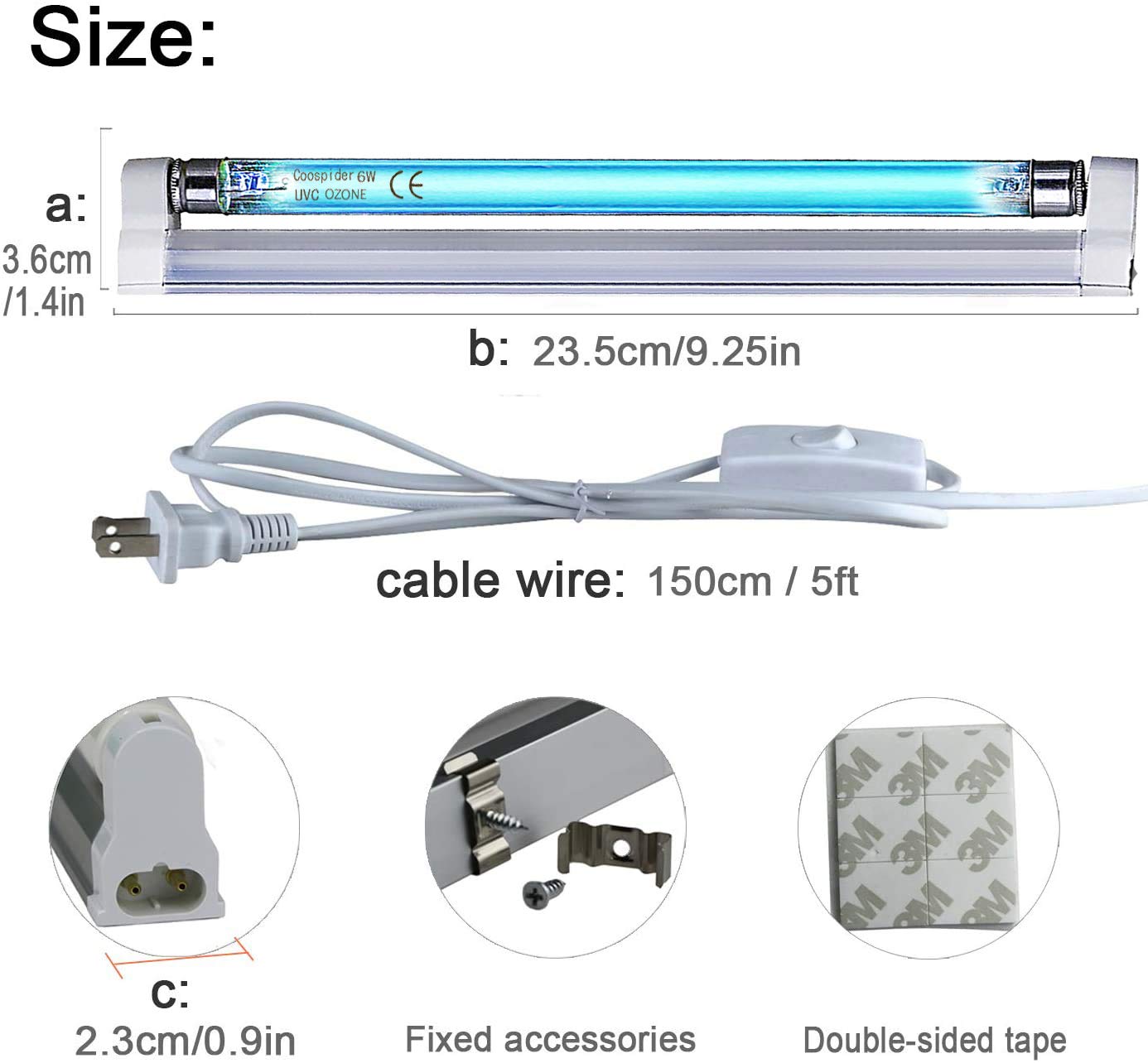 COOSPIDER UVC Light Lamp 185nm with 253.7nm Bulb 5ft Cord and Plug 110V (6W Ozone Lamp)