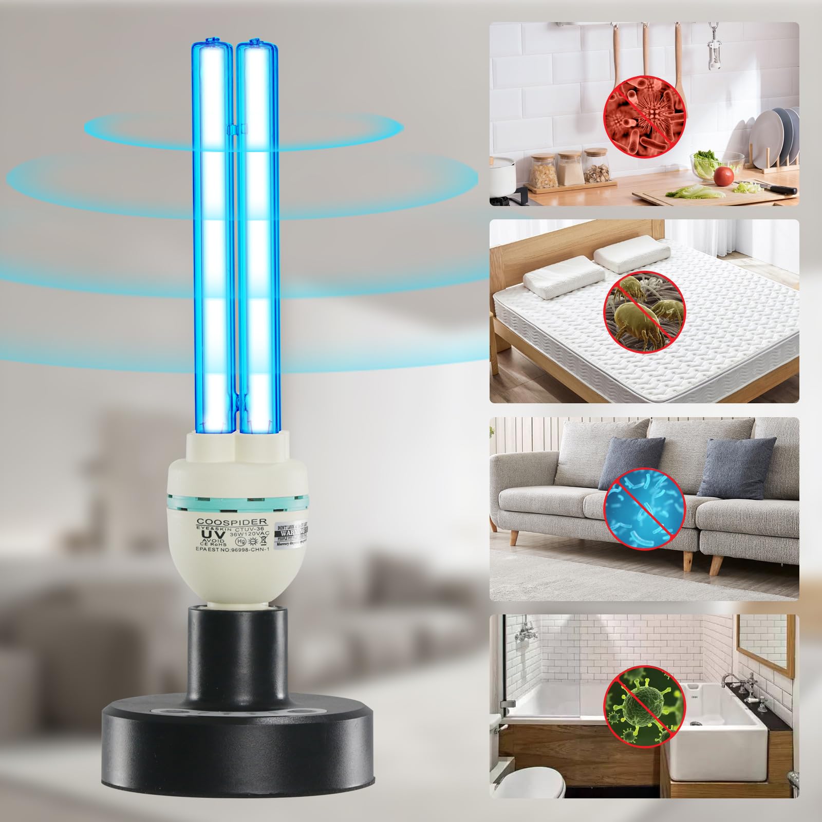 COOSPIDER UV Germicidal Light Sterilization rate 99.99% Remote Control Timer 15/30/60 minutes 120V 36W Table Lamp,for Remove Musty (Ozone-free CTUV-36)