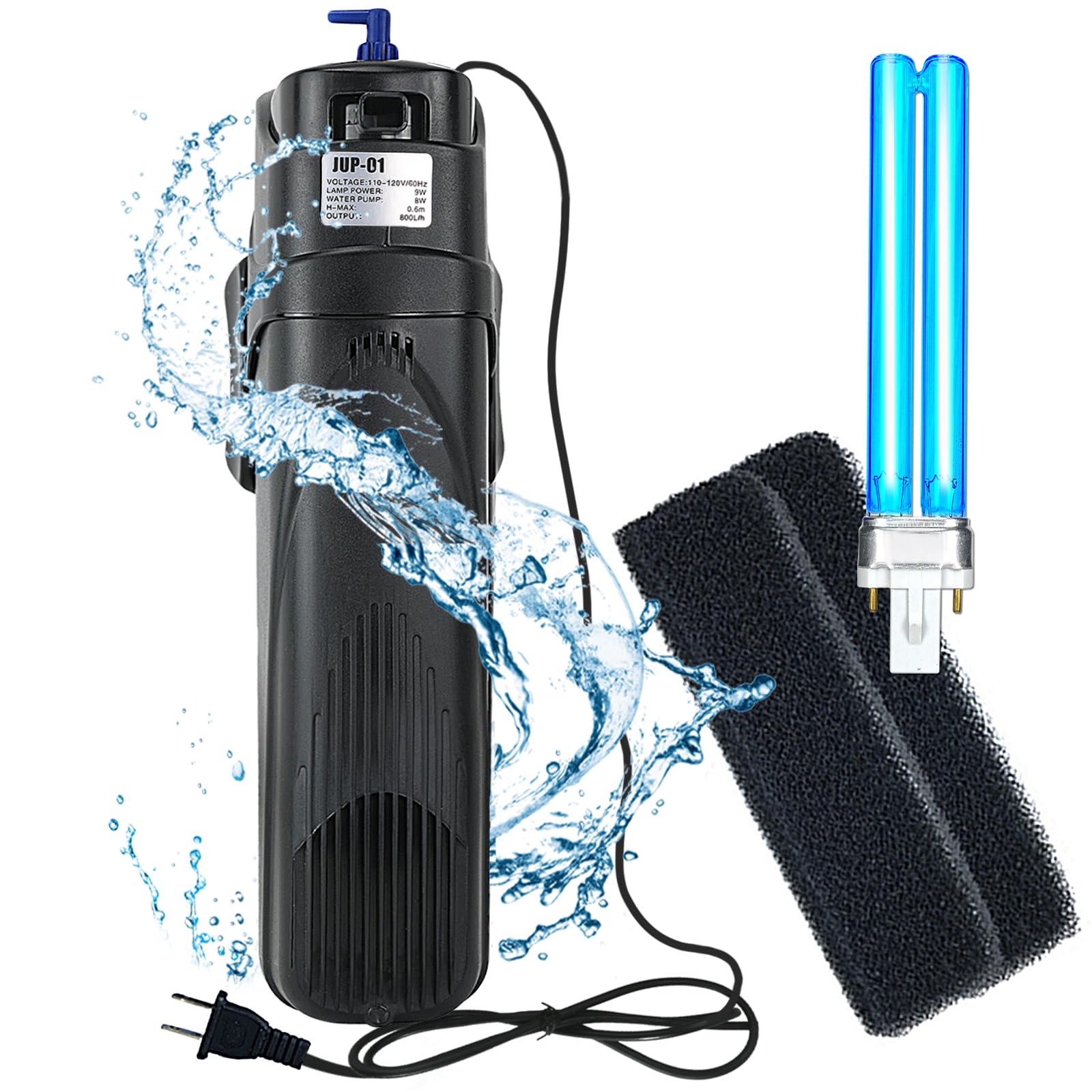Coospider Sun JUP-01 Aquariums in Tank UV Submersible Filter Machine 211gph 9W fit for 80Gallon (JUP 01 Set + 2X Replace Sponge + 1x Spare UV Bulb)