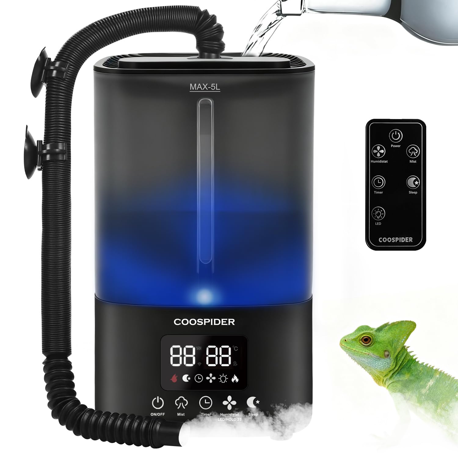 Coospider 5L Reptile Fogger Humidifier, Automatic Humidifiers for Reptiles Tank, Terrarium Humidifiers with Timer and Humidity Control, Reptile Misting System for Reptiles Amphibians Herps Vivarium