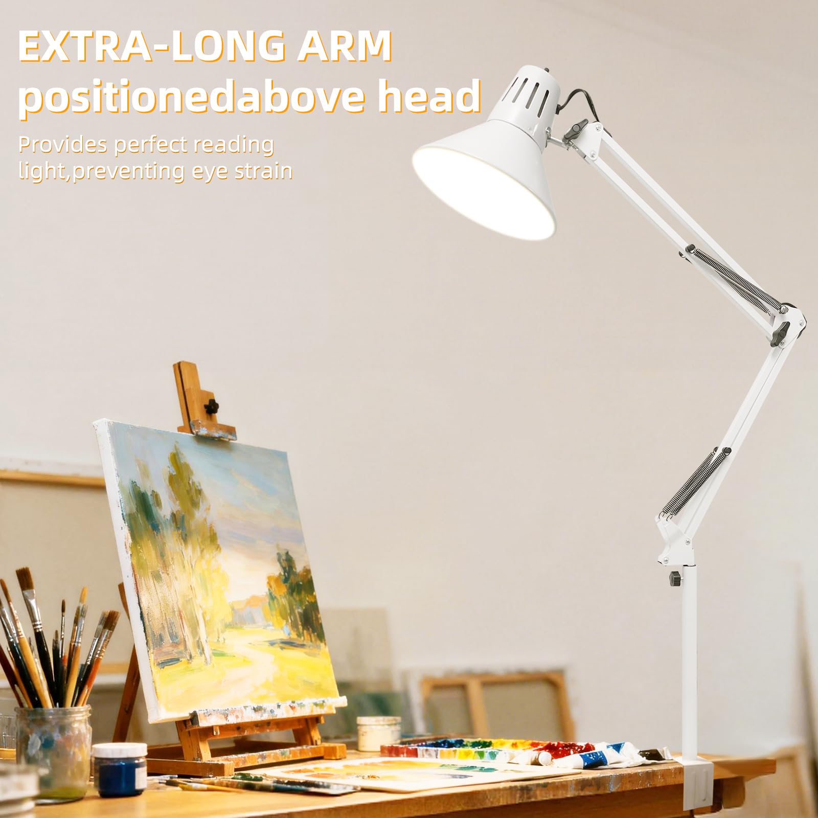 2 Pack LED Desk Lamp With Clamp for Office Home, Eye-Caring Desk Light with 360°Adjustable Extra Tall Metal Swing Arm, High Intensity Clamp w/A19 E26 Bulb for Working Reading, 3000k Table Lamps Warm Light
