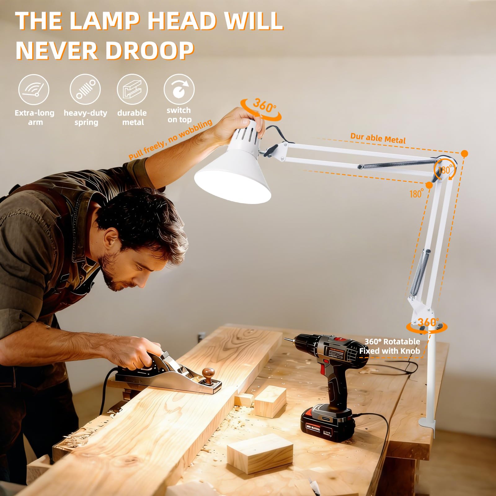 Desk Lamp With Clamp for Home Office, Eye-Caring Clip on Light with Adjustable Extra Tall Metal Swing Arm, High Intensity Clamp Lamp wLED Bulb, Architect Task Table Lamps for Study, Workbench-W5000k