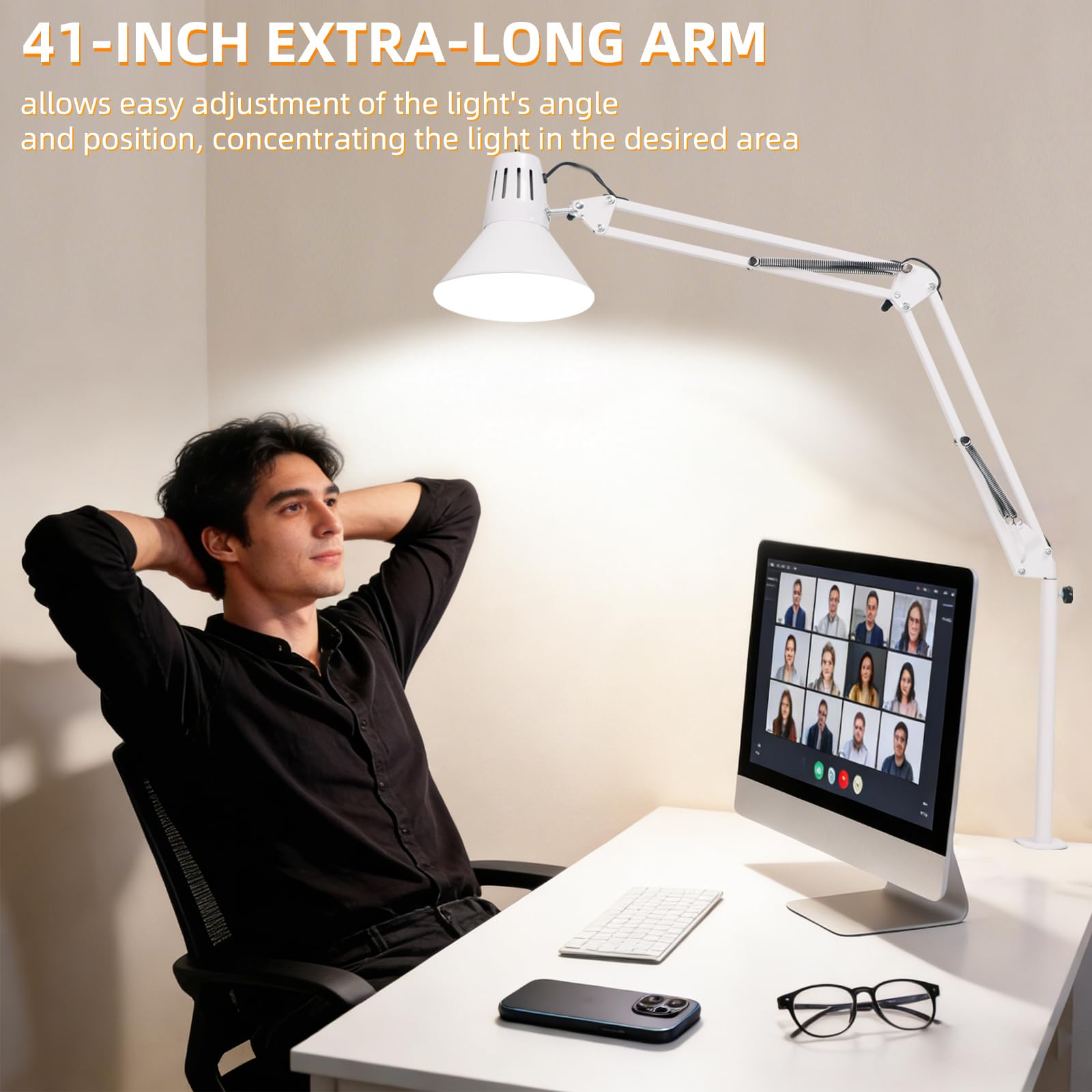 Desk Lamp With Clamp for Home Office, Eye-Caring Clip on Light with Adjustable Extra Tall Metal Swing Arm, High Intensity Clamp Lamp wLED Bulb, Architect Task Table Lamps for Study, Workbench-W5000k