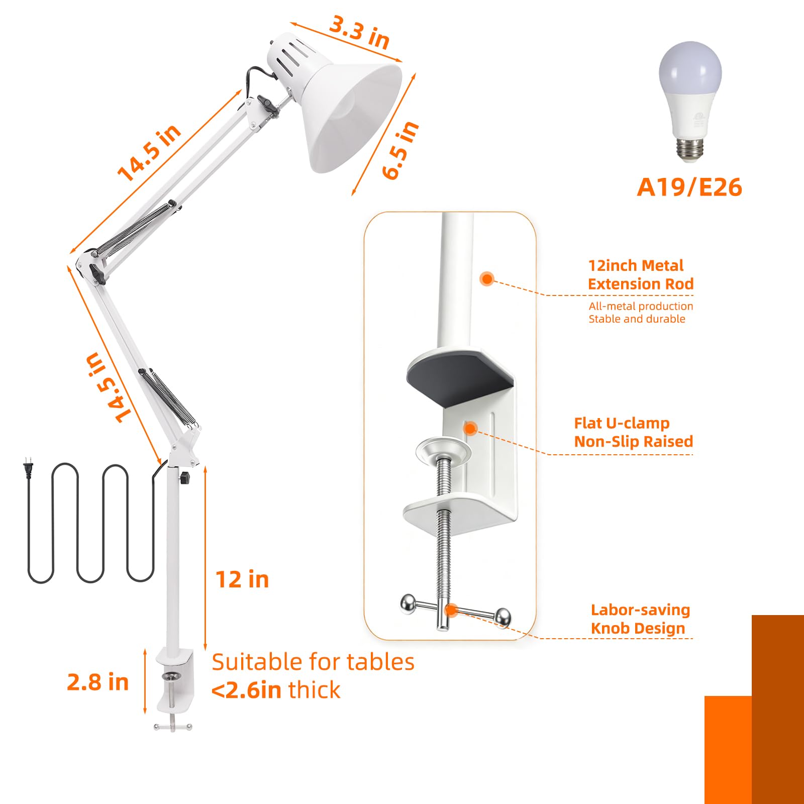 Desk Lamp With Clamp for Home Office, Eye-Caring Clip on Light with Adjustable Extra Tall Metal Swing Arm, High Intensity Clamp Lamp wLED Bulb, Architect Task Table Lamps for Study, Workbench-W5000k
