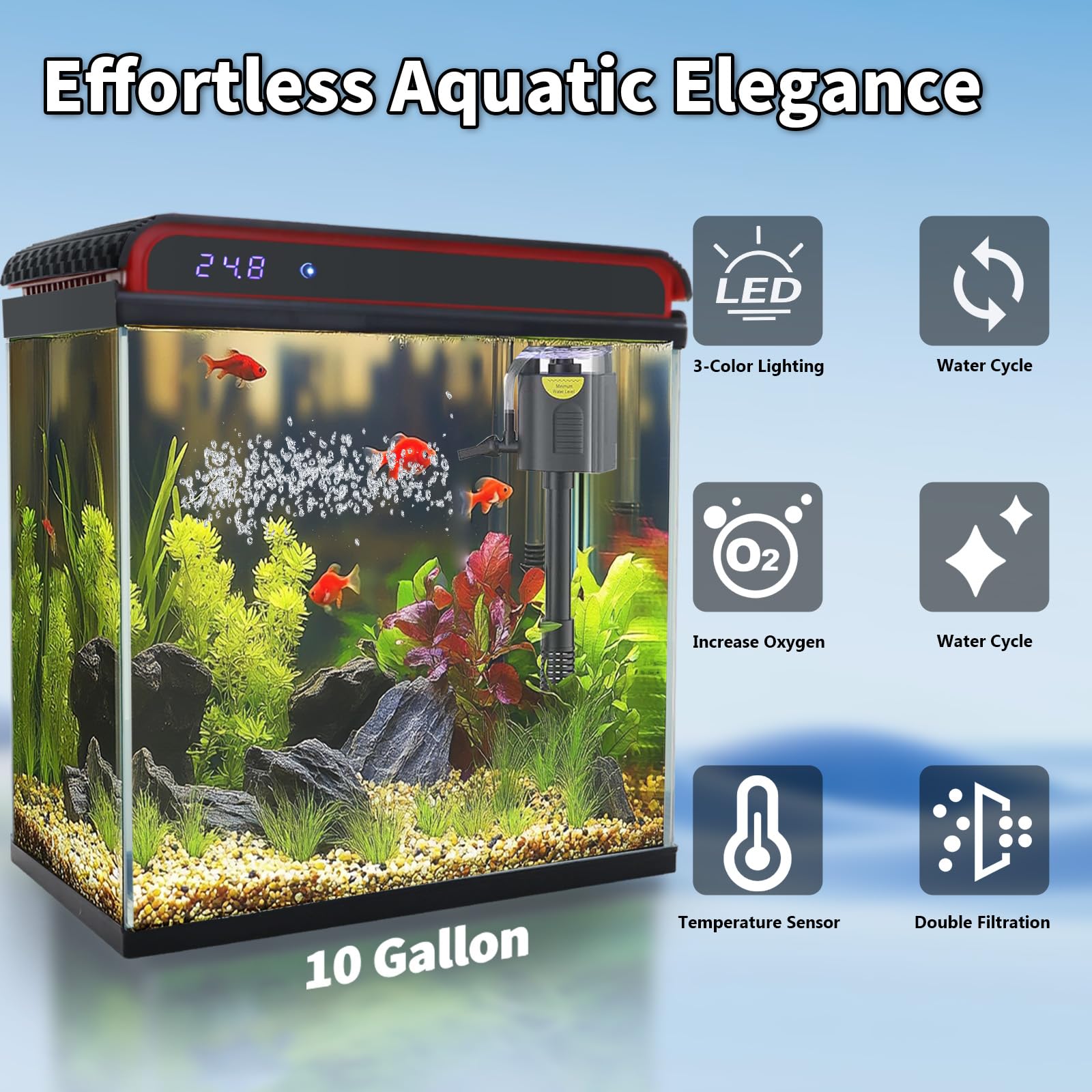 Glass 10 Gallon Fish Tank Aquarium - Smart Self-Cleaning Starter Kit with 3-Color LED Light, Ultra Quiet Pump & Filter, Temperature Monitoring for Betta Fish and Shrimp