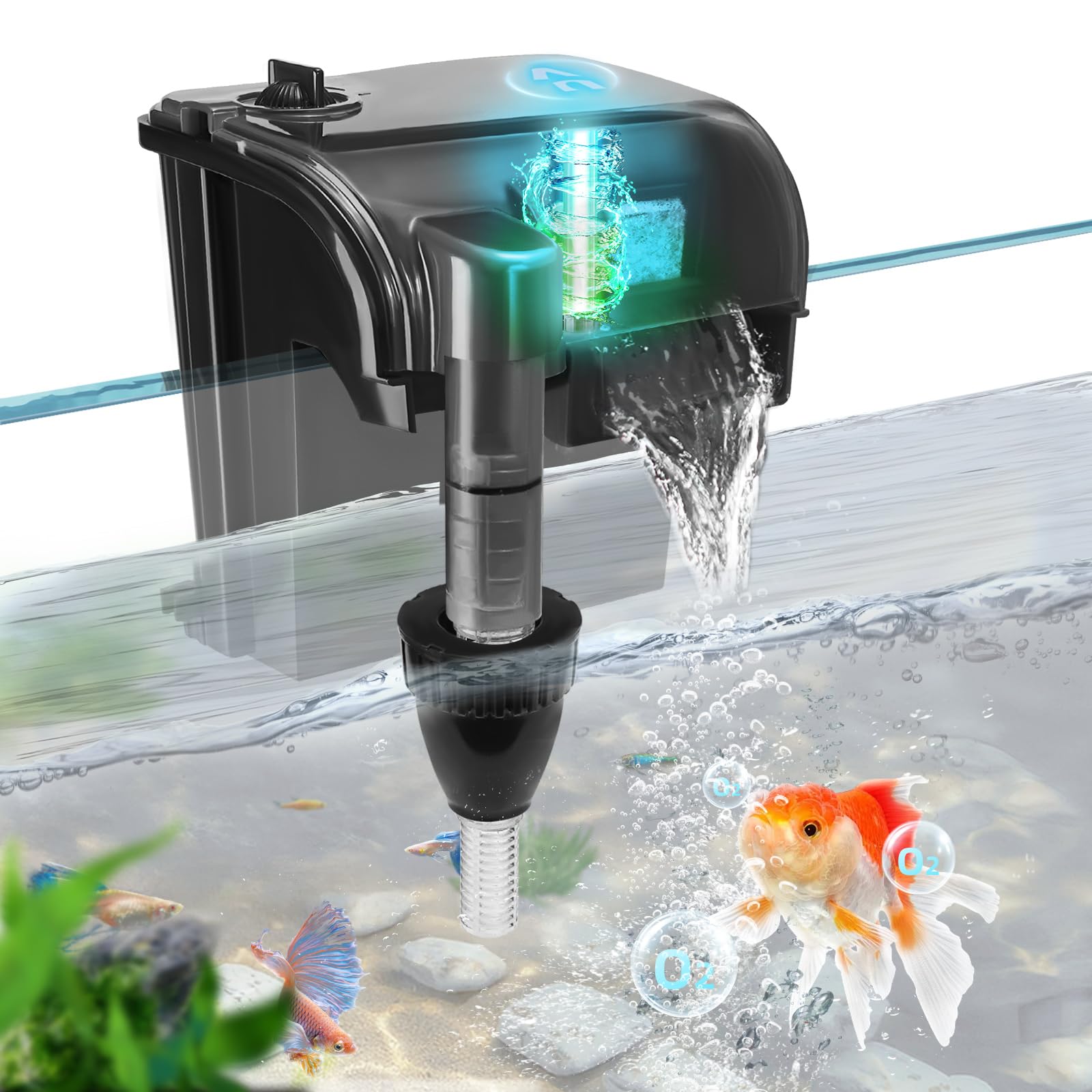Hang on Back Aquarium Power Filter wDetachable U-V Light Canister & Surface Skimmer 158GPH for 10-40 Gal. Fish Tank 4-Stage Deodorization Keep Saltwater Freshwater Crystal Clear Green Clean Machine