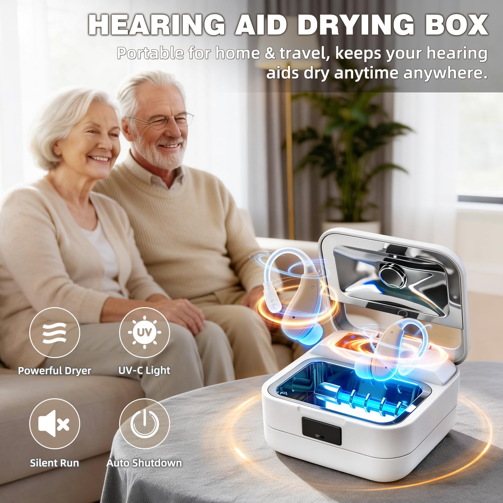 Hearing Aid Dryer Dehumidifier, with UV-C Sanitizer Light, Automatic Shut-Off Dryer Box, Fast Drying, Ultra-Quiet and Portable for Hearing Aids, Earbuds, AirPods, Amplifiers, Earbuds
