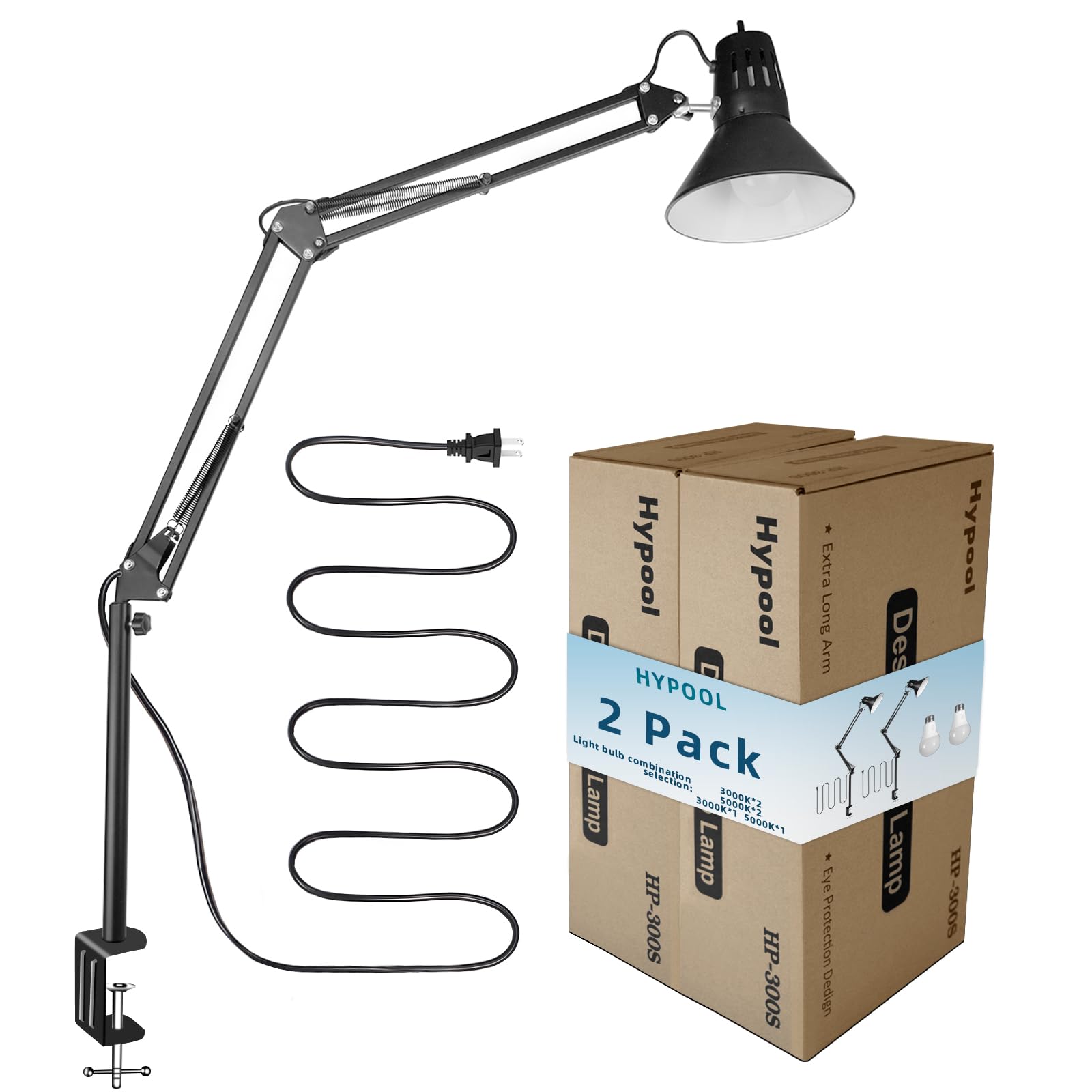Hypool 2 Pack Desk Lamp wA19 E26 LED Bulb for Home Office Eye-Caring Metal Extra Tall Swing Arm High Intensity Clamp Flexible Gooseneck Side Table Working Reading Computer Workbench 3000K Warm Light