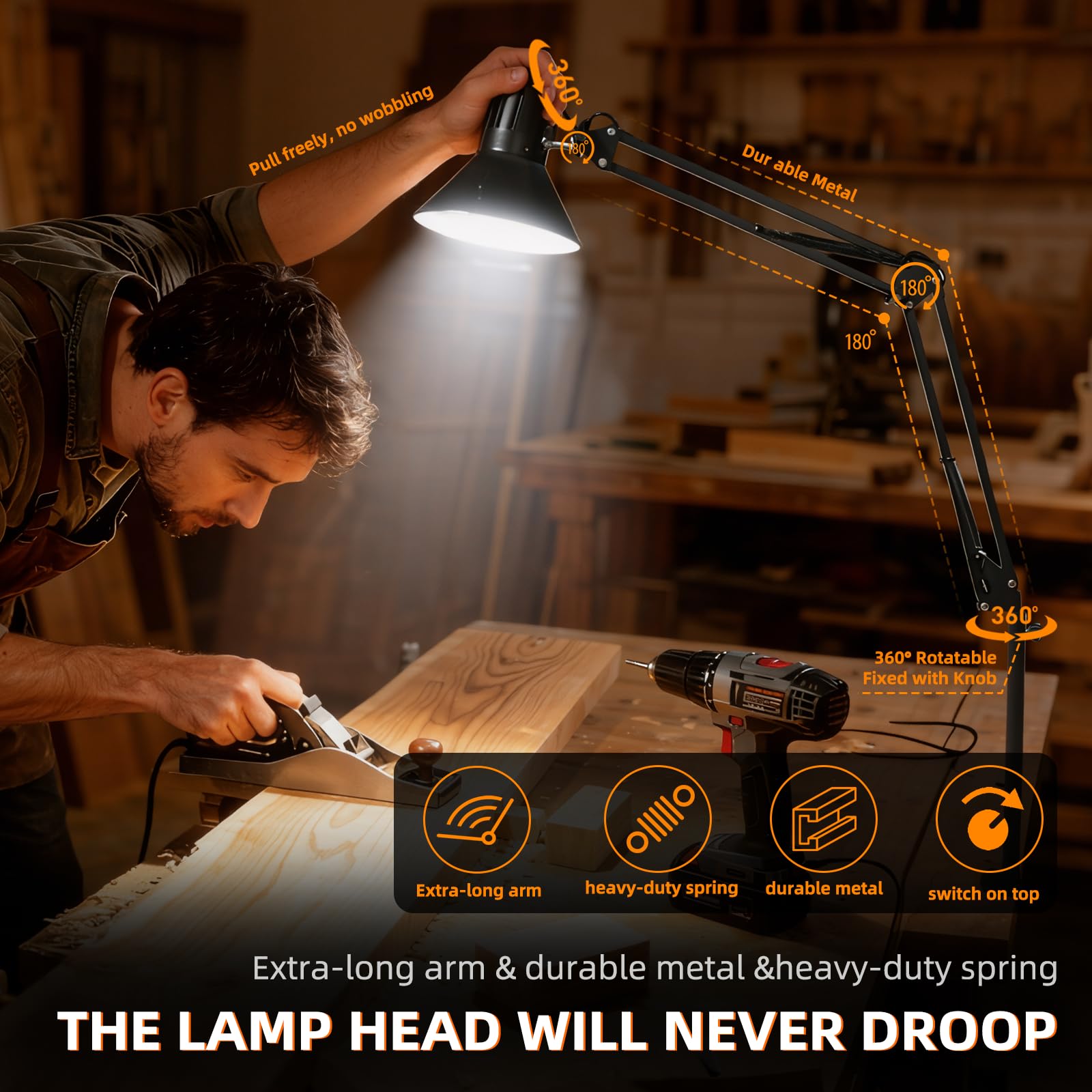 LED Desk Lamp Dimmable with Clamp, Eye-Caring Clip on Lights for Home Office, 3 Adjustable Color Temperature,Extra Tall Metal Swing Arm, High Intensity Clamp wA19 E26 Bulb for Working Reading, Black