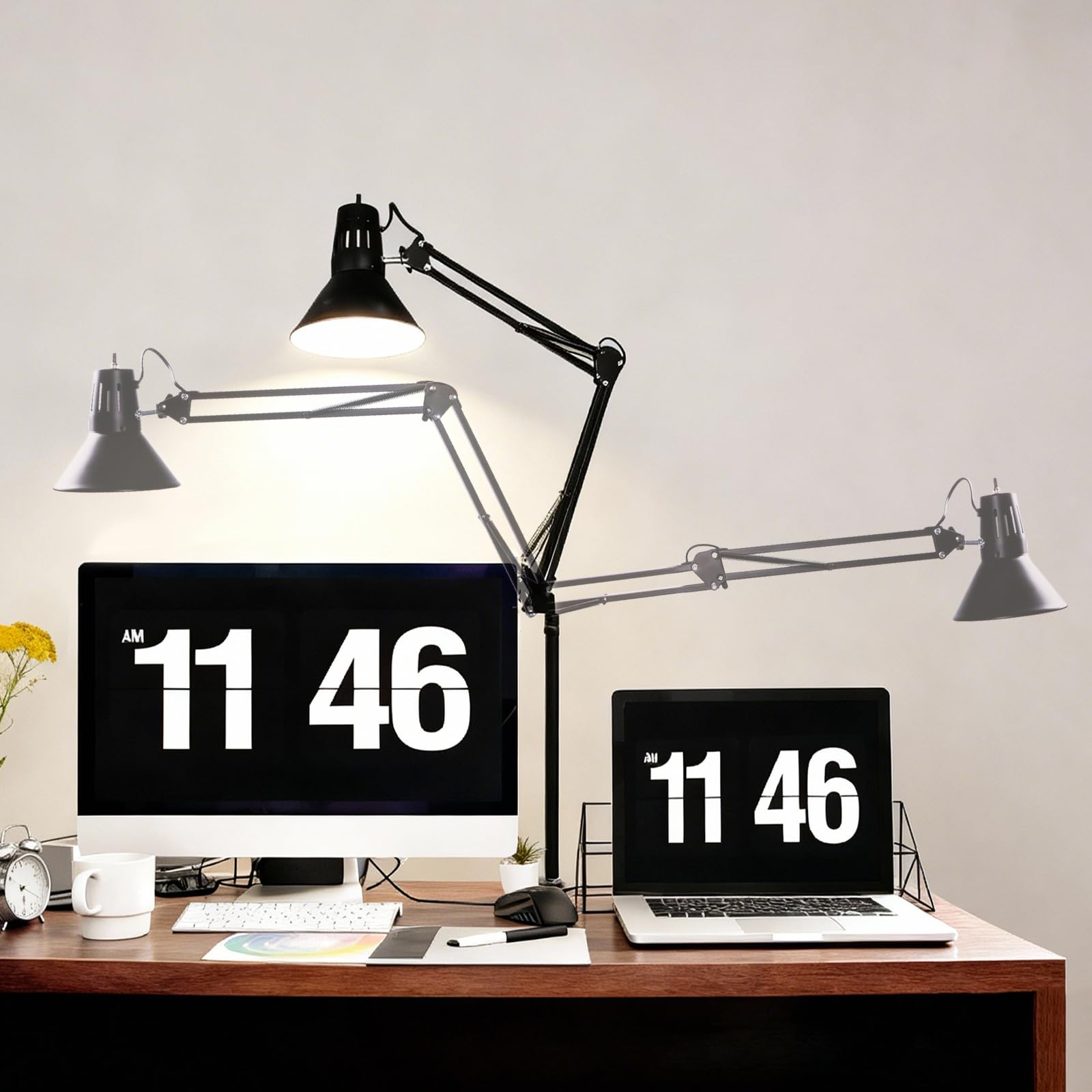LED Desk Lamp Dimmable with Clamp, Eye-Caring Clip on Lights for Home Office, 3 Adjustable Color Temperature,Extra Tall Metal Swing Arm, High Intensity Clamp wA19 E26 Bulb for Working Reading, Black