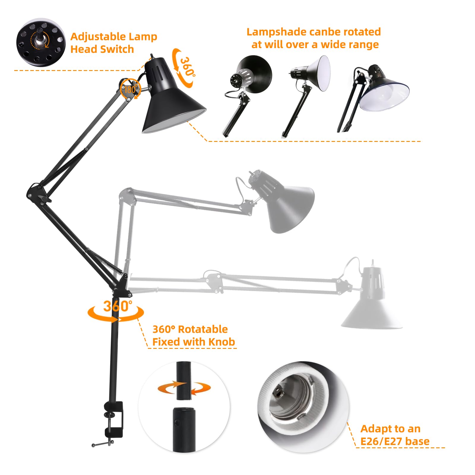 LED Desk Lamp Dimmable with Clamp, Eye-Caring Clip on Lights for Home Office, 3 Adjustable Color Temperature,Extra Tall Metal Swing Arm, High Intensity Clamp wA19 E26 Bulb for Working Reading, Black