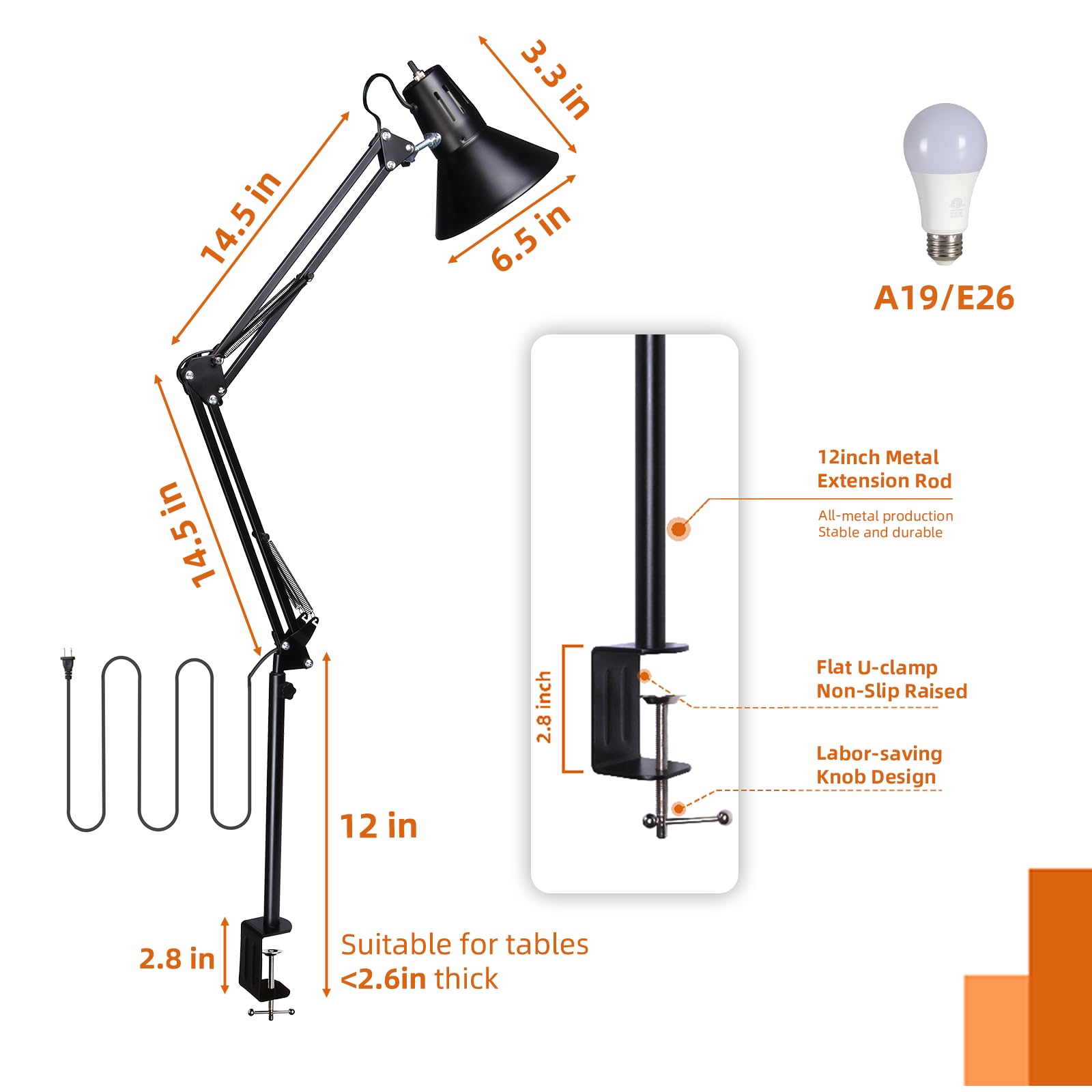 LED Desk Lamp Dimmable with Clamp, Eye-Caring Clip on Lights for Home Office, 3 Adjustable Color Temperature,Extra Tall Metal Swing Arm, High Intensity Clamp wA19 E26 Bulb for Working Reading, Black