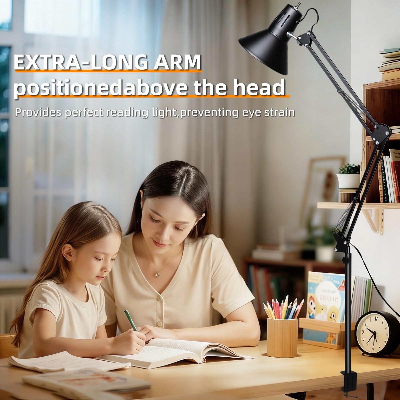 LED Desk Lamp Dimmable with Clamp, Eye-Caring Clip on Lights for Home Office, 3 Adjustable Color Temperature,Extra Tall Metal Swing Arm, High Intensity Clamp wA19 E26 Bulb for Working Reading, Black