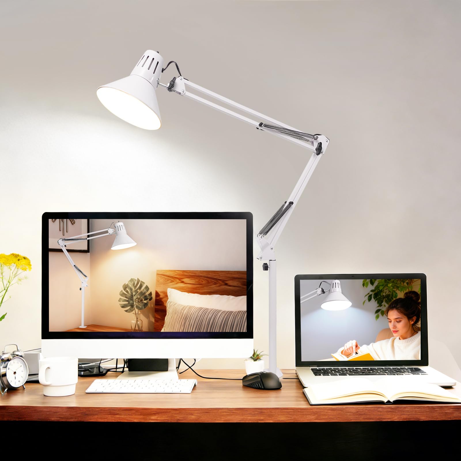 LED Desk Lamp Dimmable with Clamp, Eye-Caring Clip on Lights for Home Office, 3 Adjustable Color Temperature,Extra Tall Metal Swing Arm, High Intensity Clamp wA19 E26 Bulb for Working Reading, White